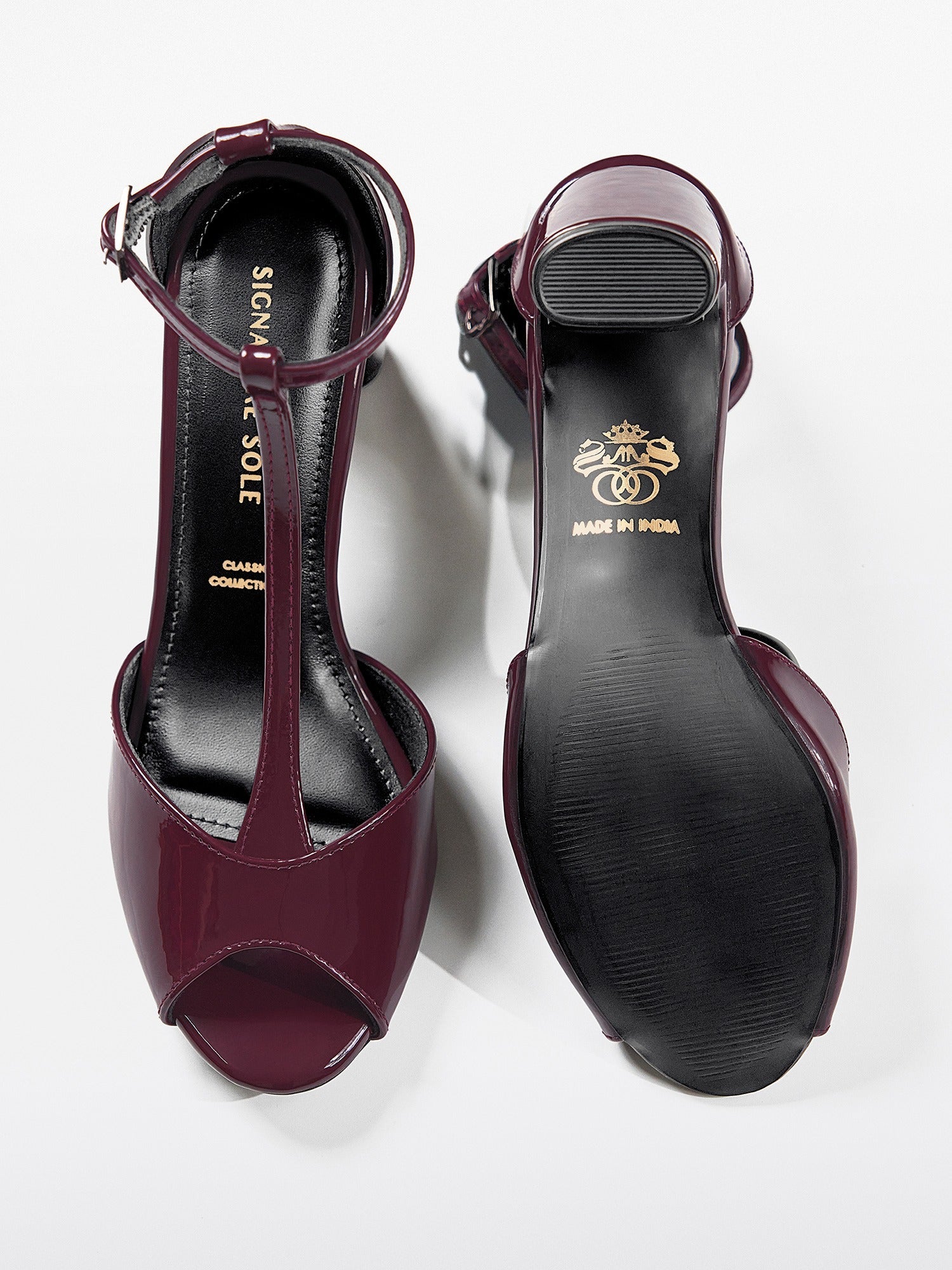 Plum Patent T-strap wedge Heel