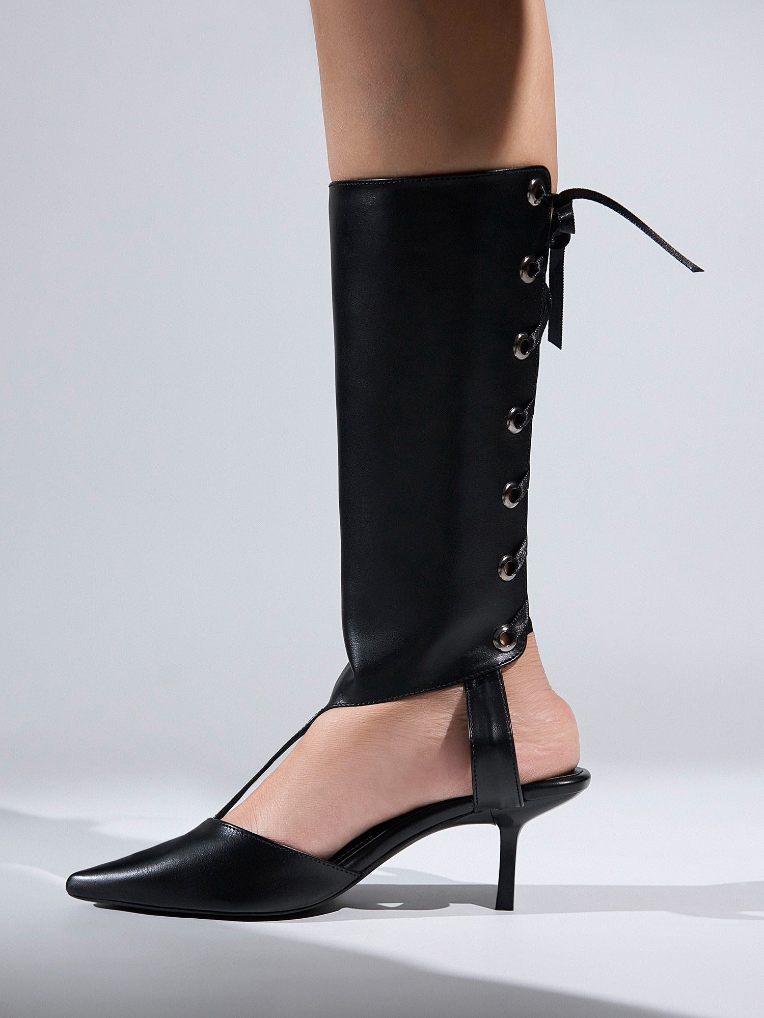 Black Lace-Up Knee Panel Kitten Heel
