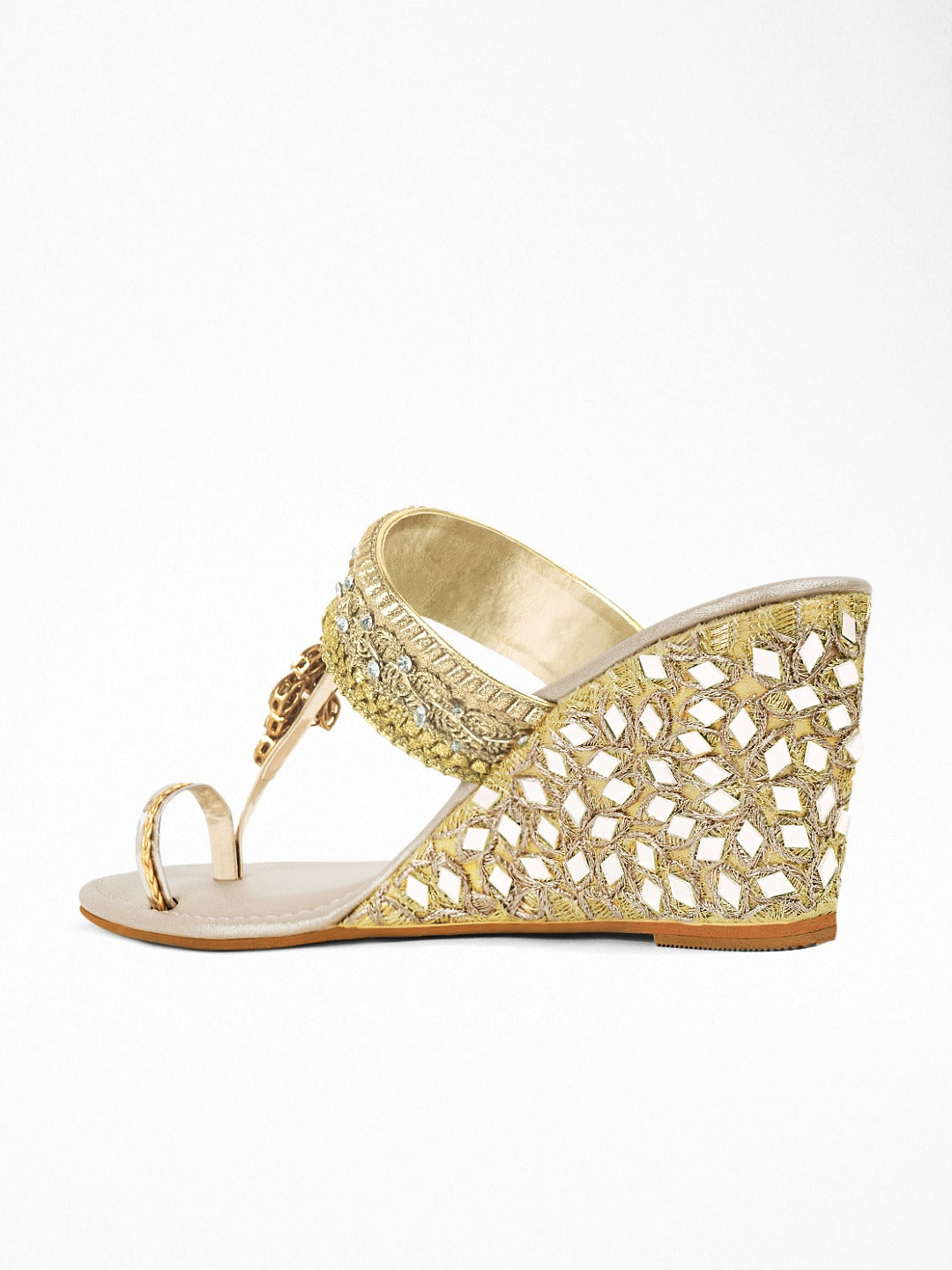 Gold glass Leaf Wedge Sandal