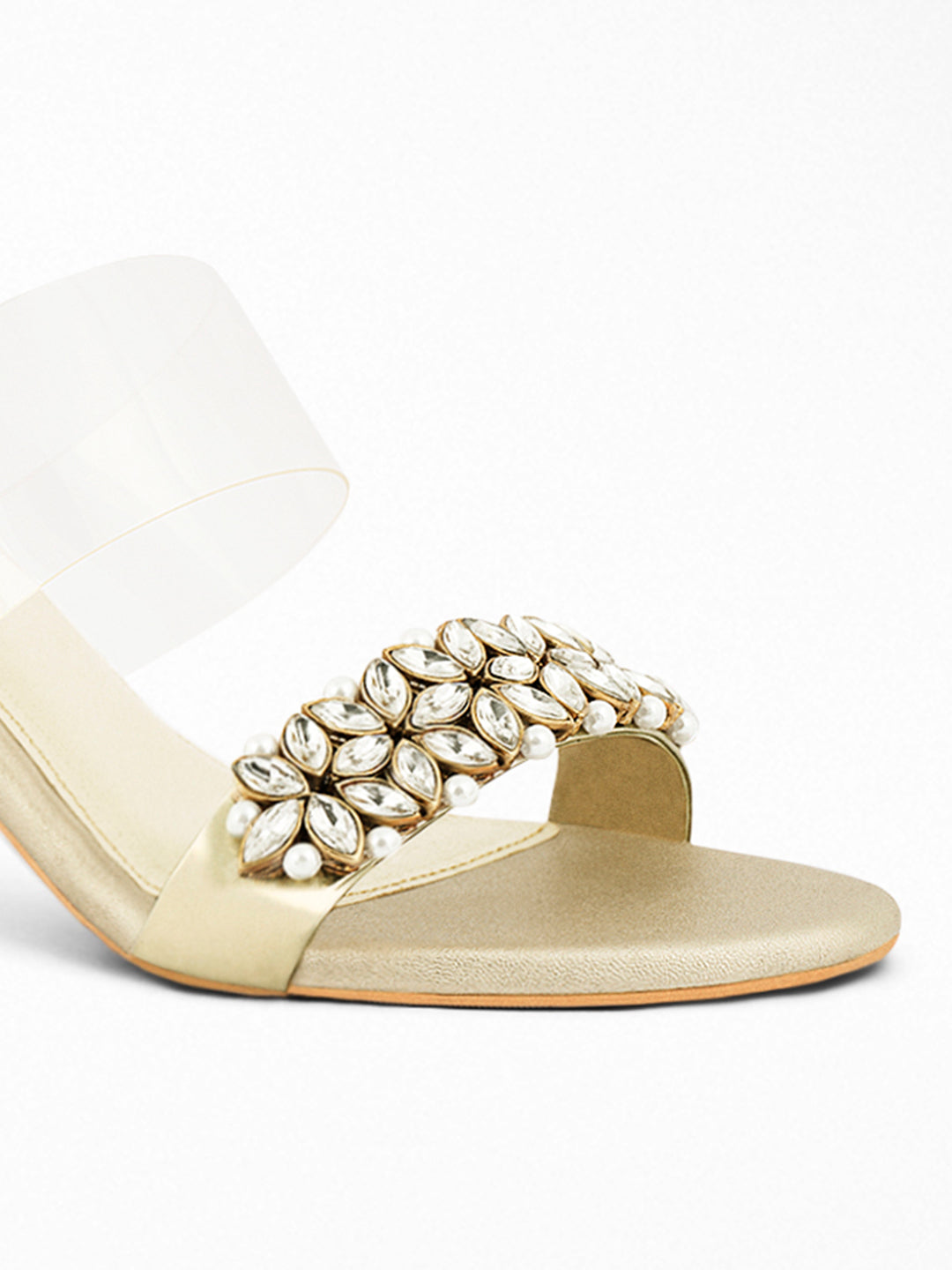 Gold Crystal Pearl Block Heel Mule
