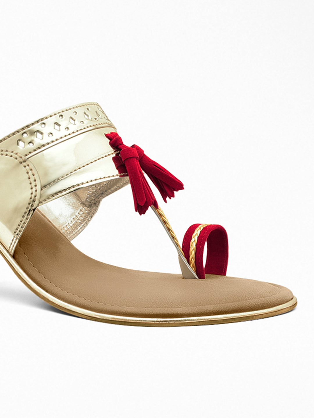 Gold Red Tassel Block Heel Sandal