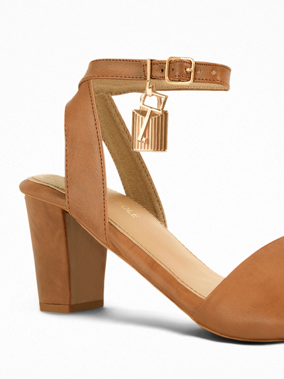 Tan Block Heel Padlock Sandal