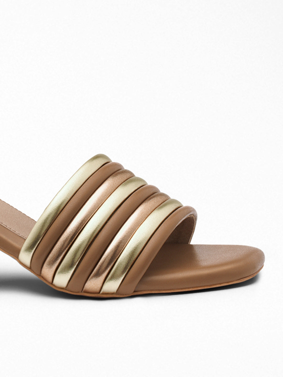 Tan Gold Pleated Block Heel Mule