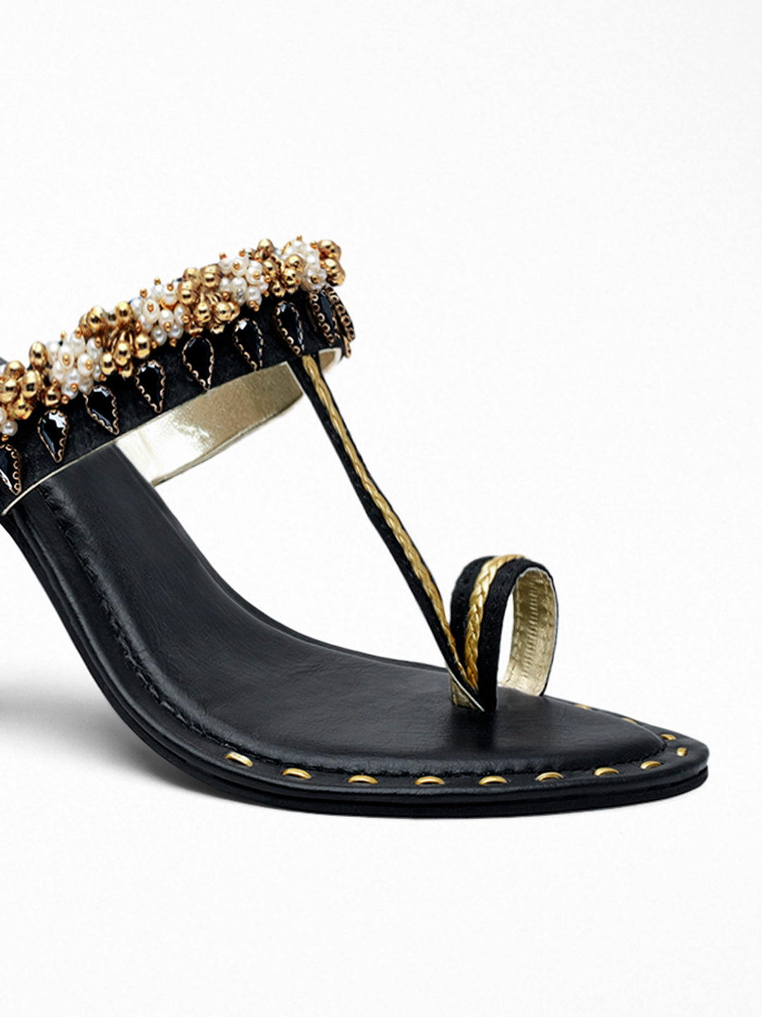 Black Gold Kundan Block Heel Sandal