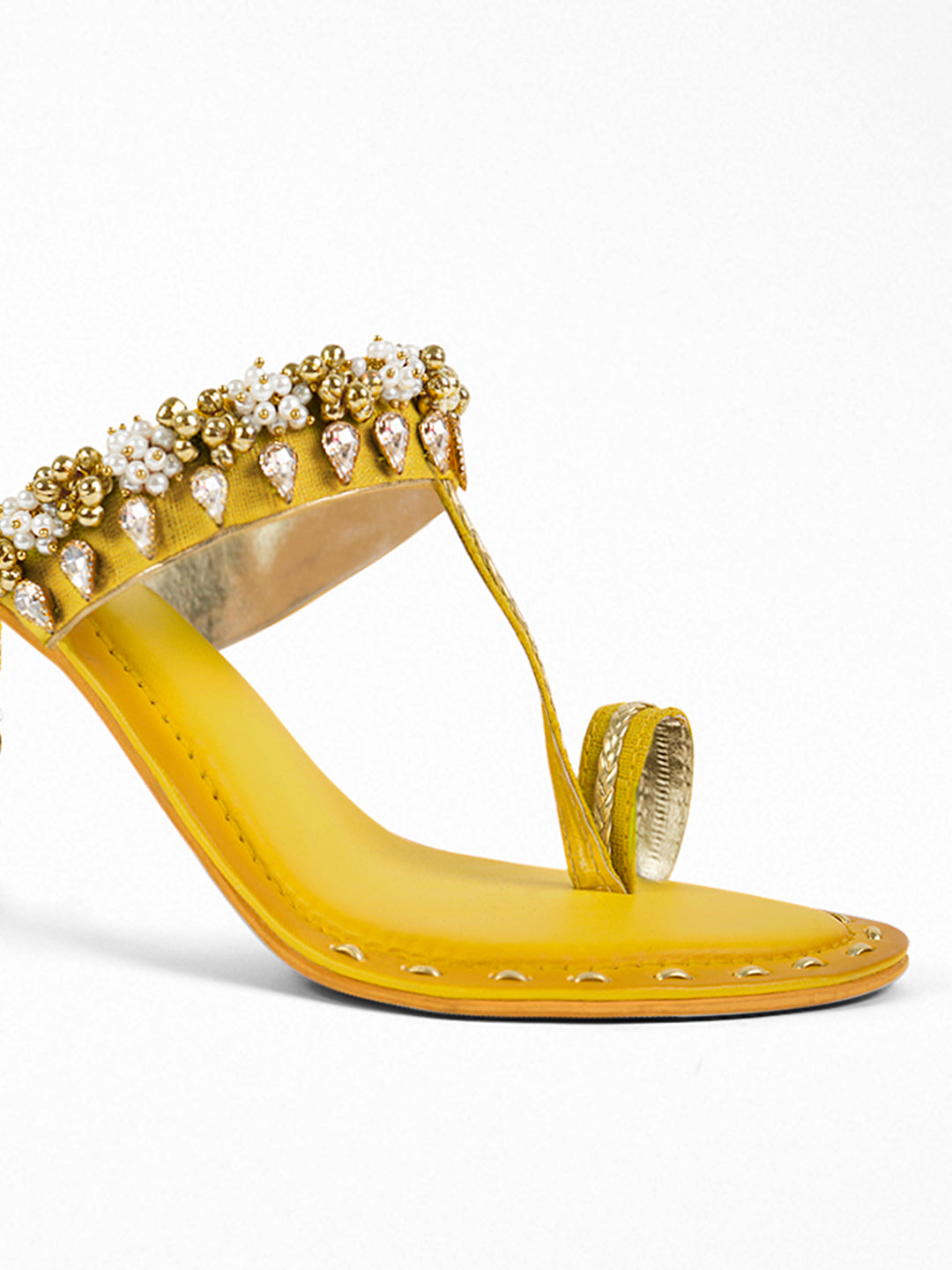 Gold Yellow Kundan Block Heel Sandal