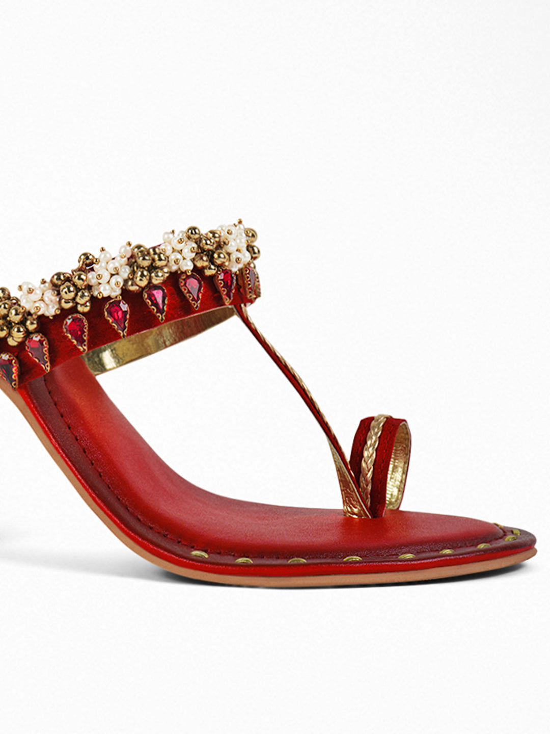 Red Gold Kundan Block Heel Sandal