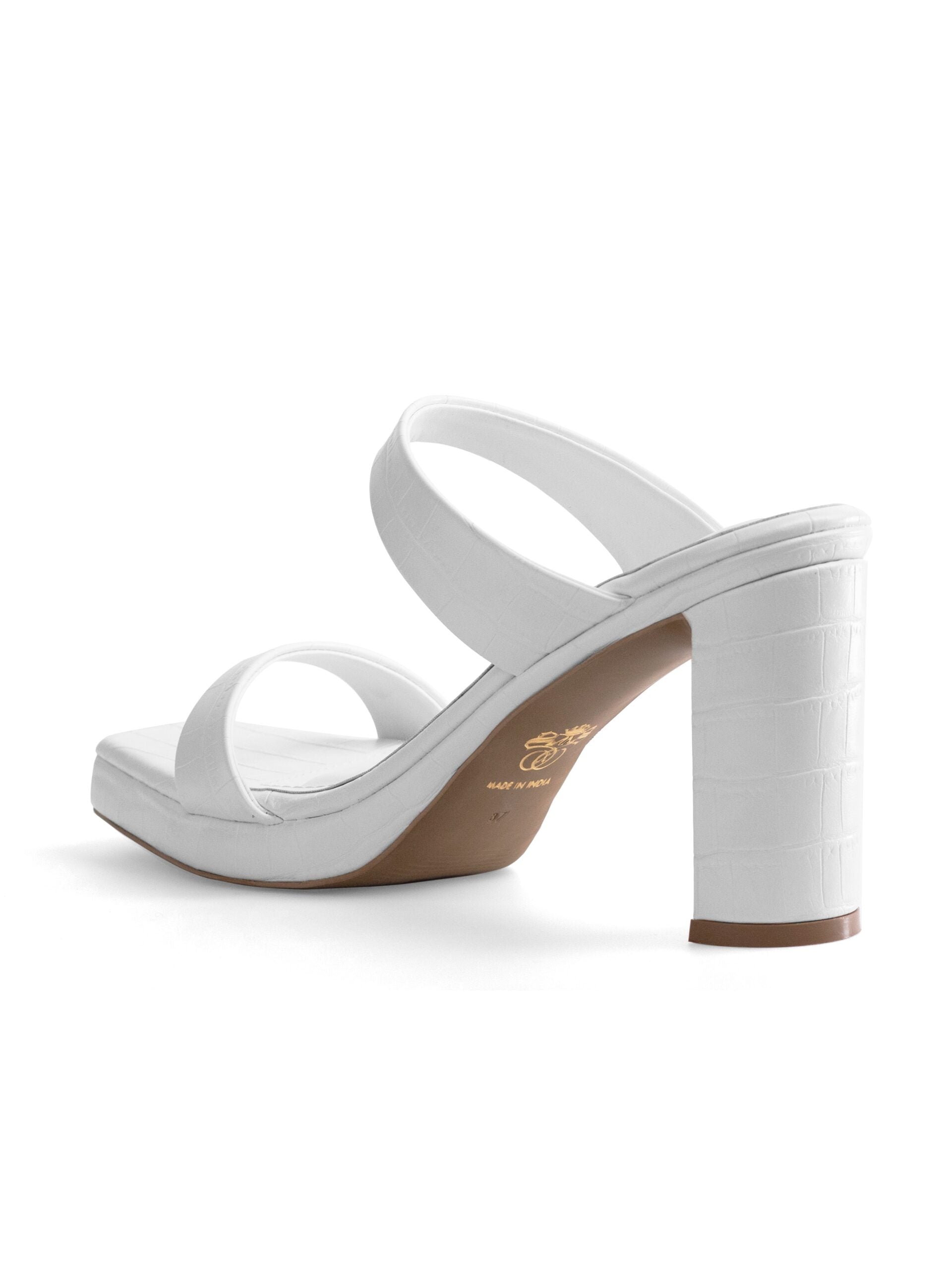 White Croc Double Strap Block Heel