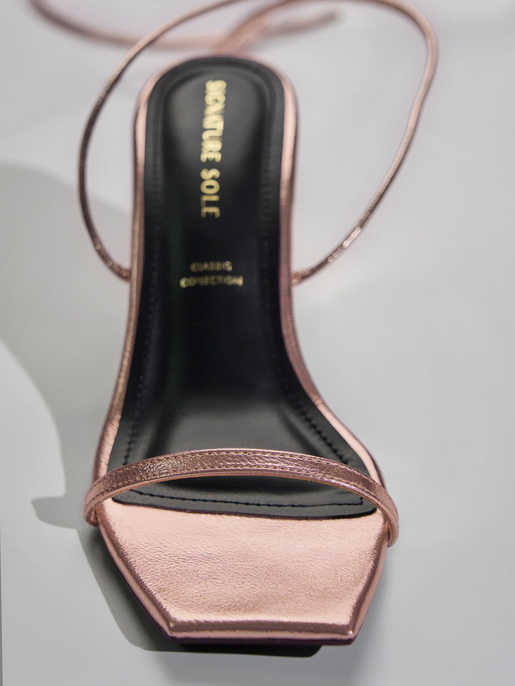 Rose Gold Metallic Ankle Wrap Block Heel