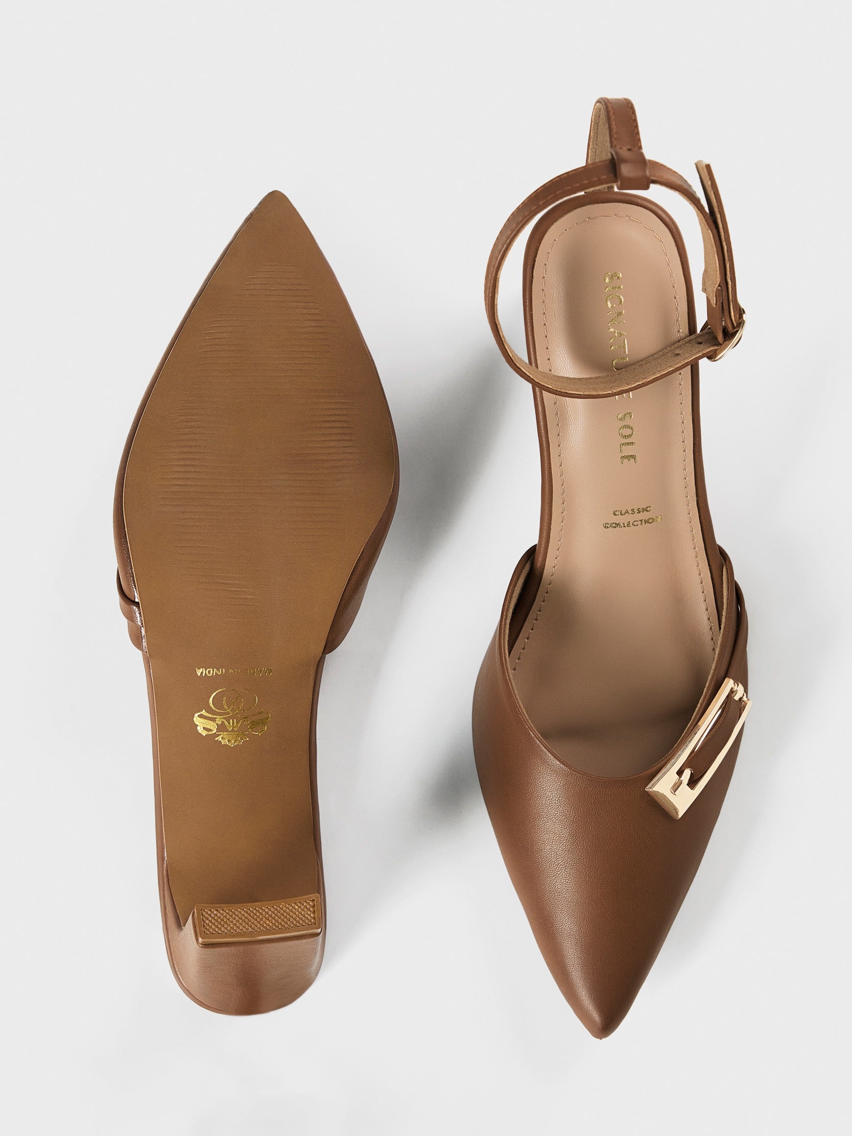 Tan Gold Clasp Kitten Heel Slingback