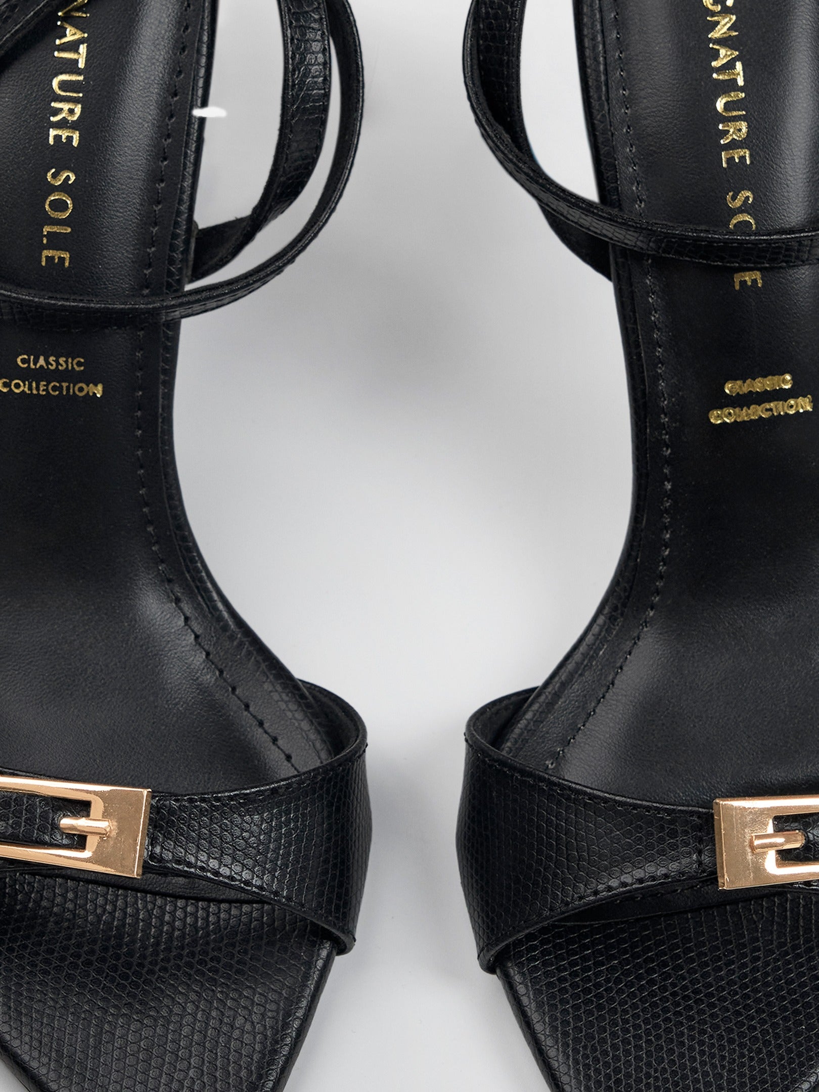 Black Gold Clasp Open Toe Heel Sandal