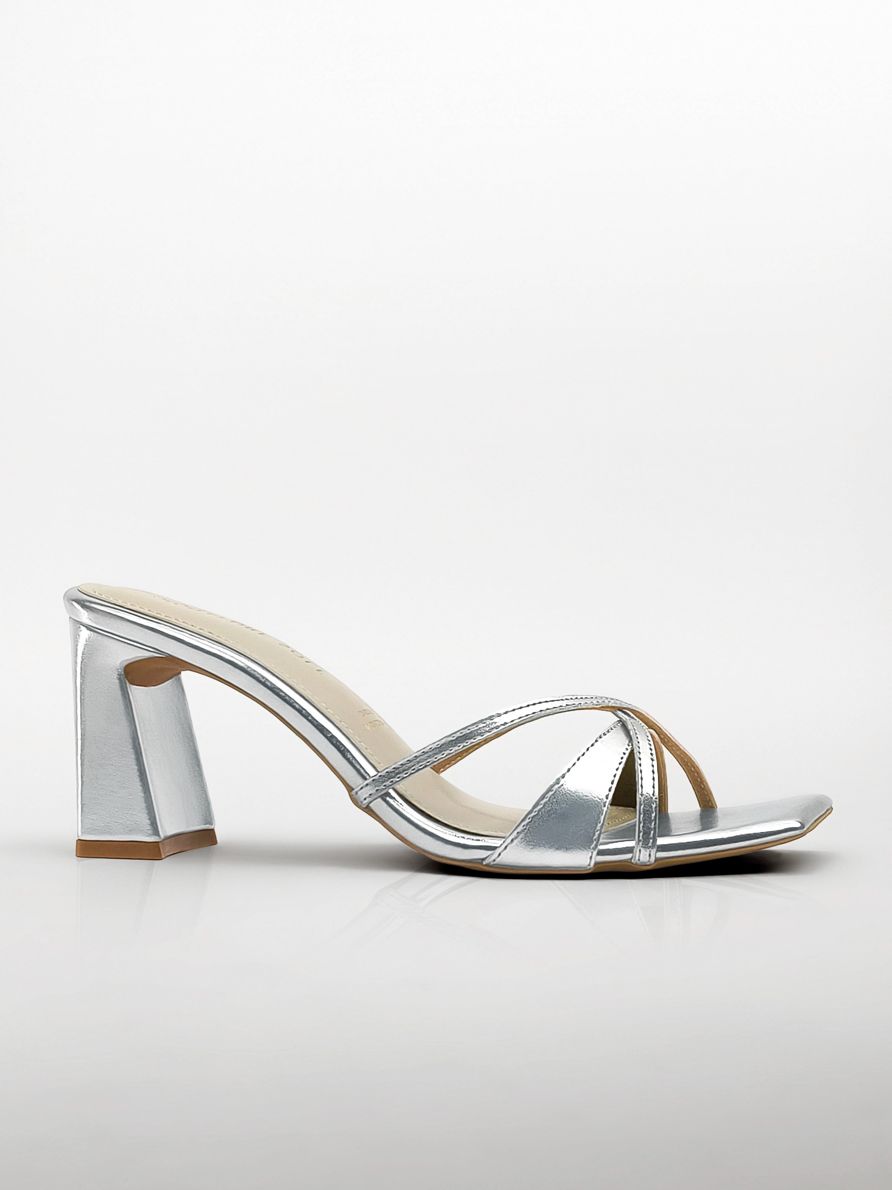 Silver Cross-Strap Block Heel Mule