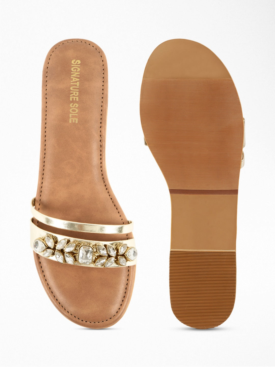 Gold Crystal Flat Slide Sandal
