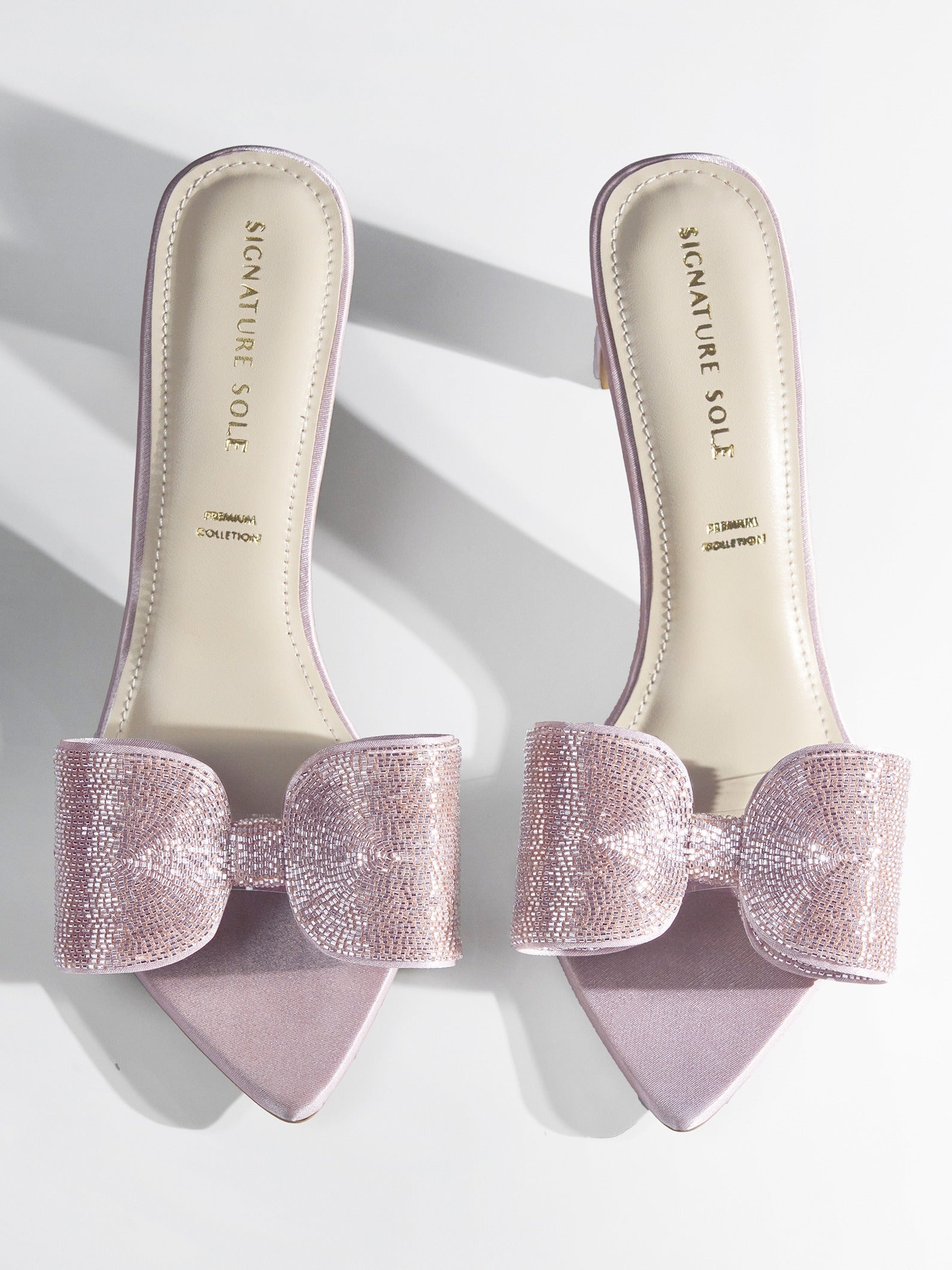 Blush Crystal Bow Block Heel Mule