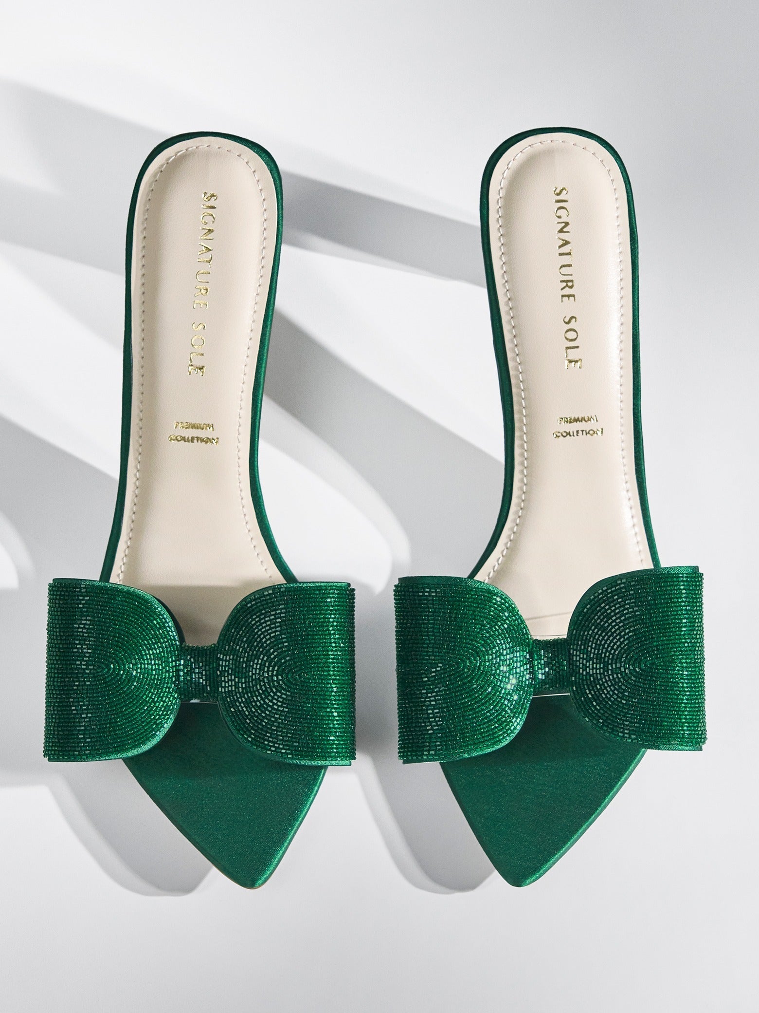 Green Crystal Bow Satin Kitten Heel