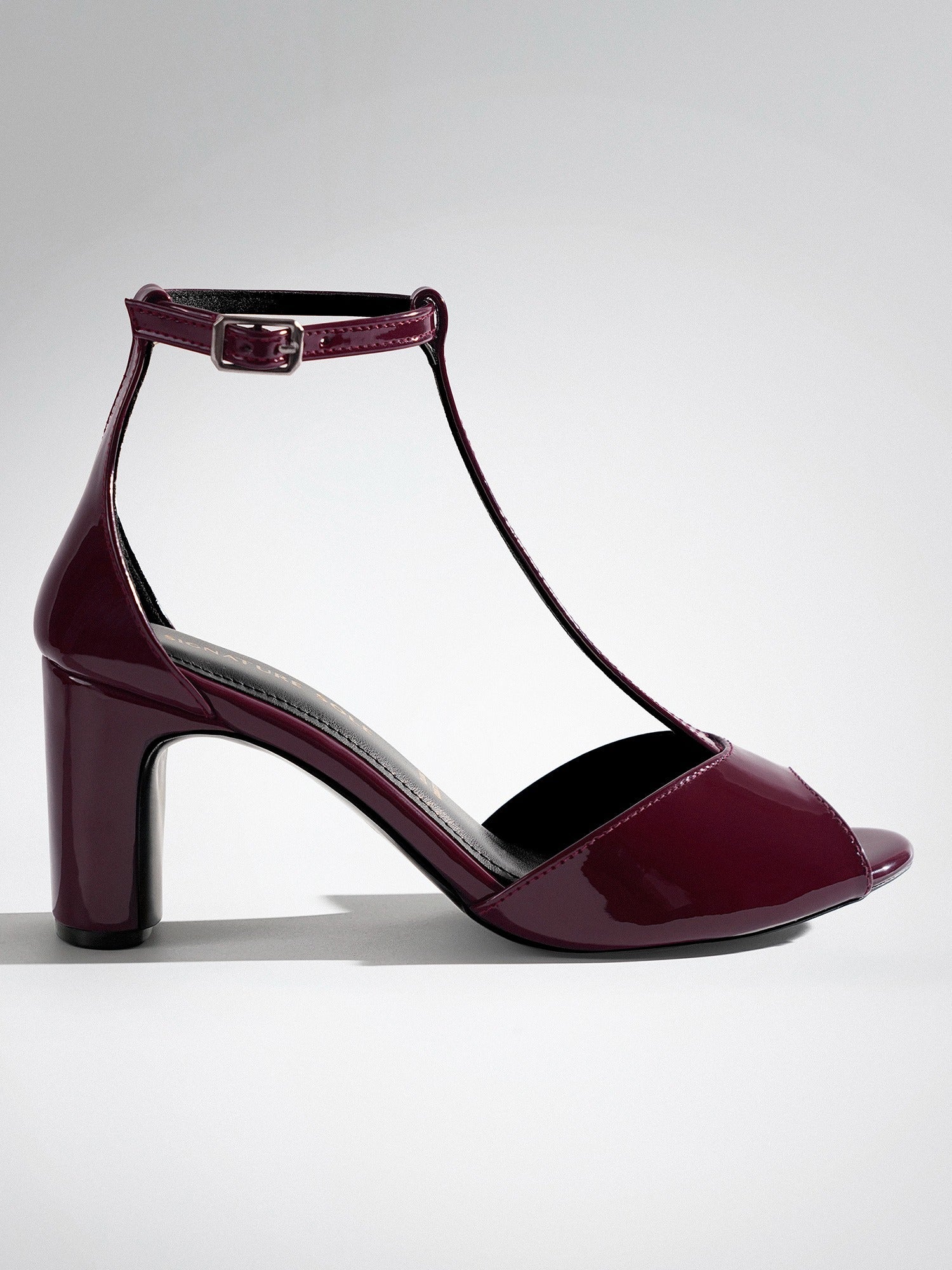 Plum Patent T-strap Block Heel Sandal