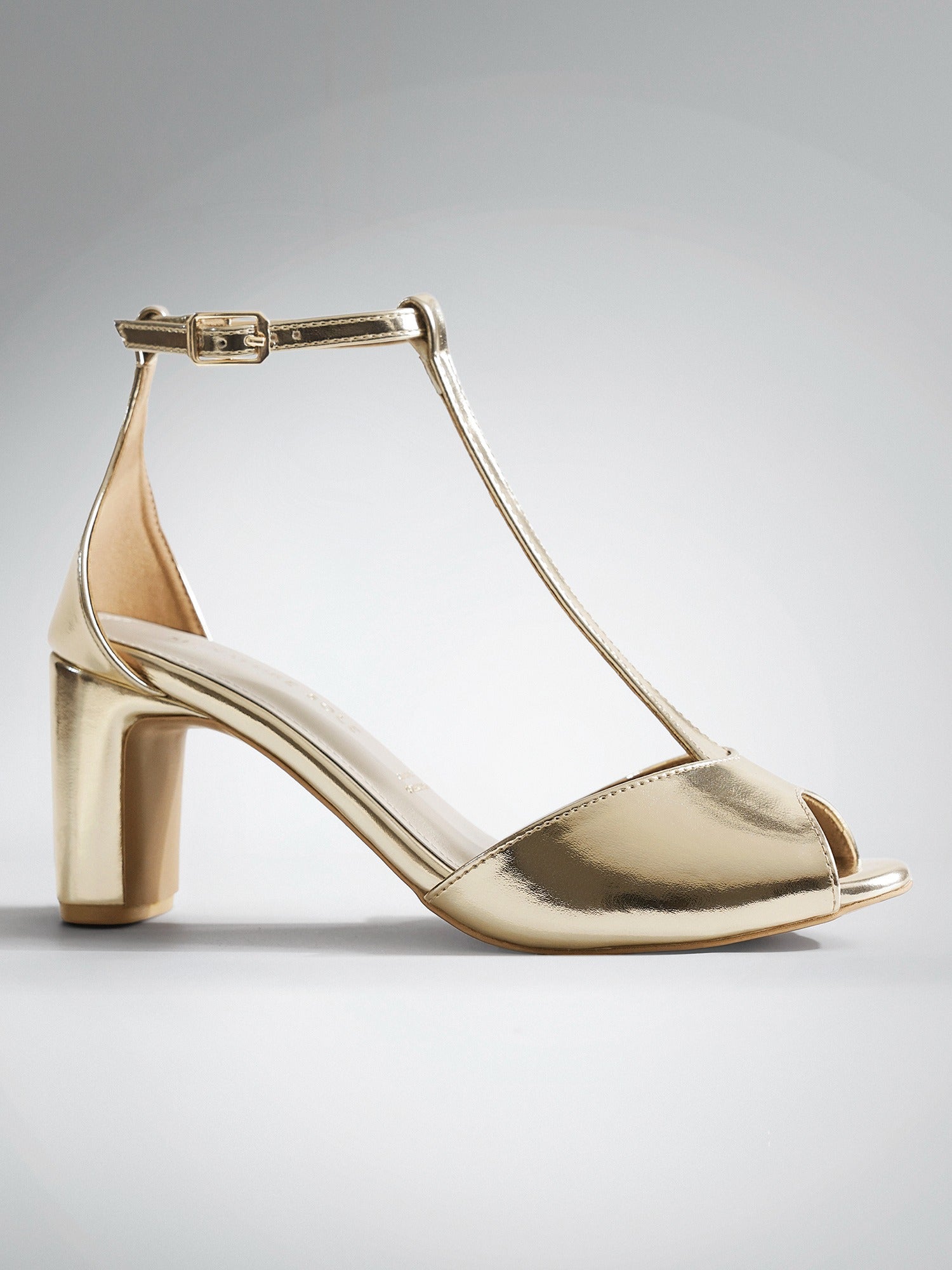 Gold T-strap Block Heel Sandal