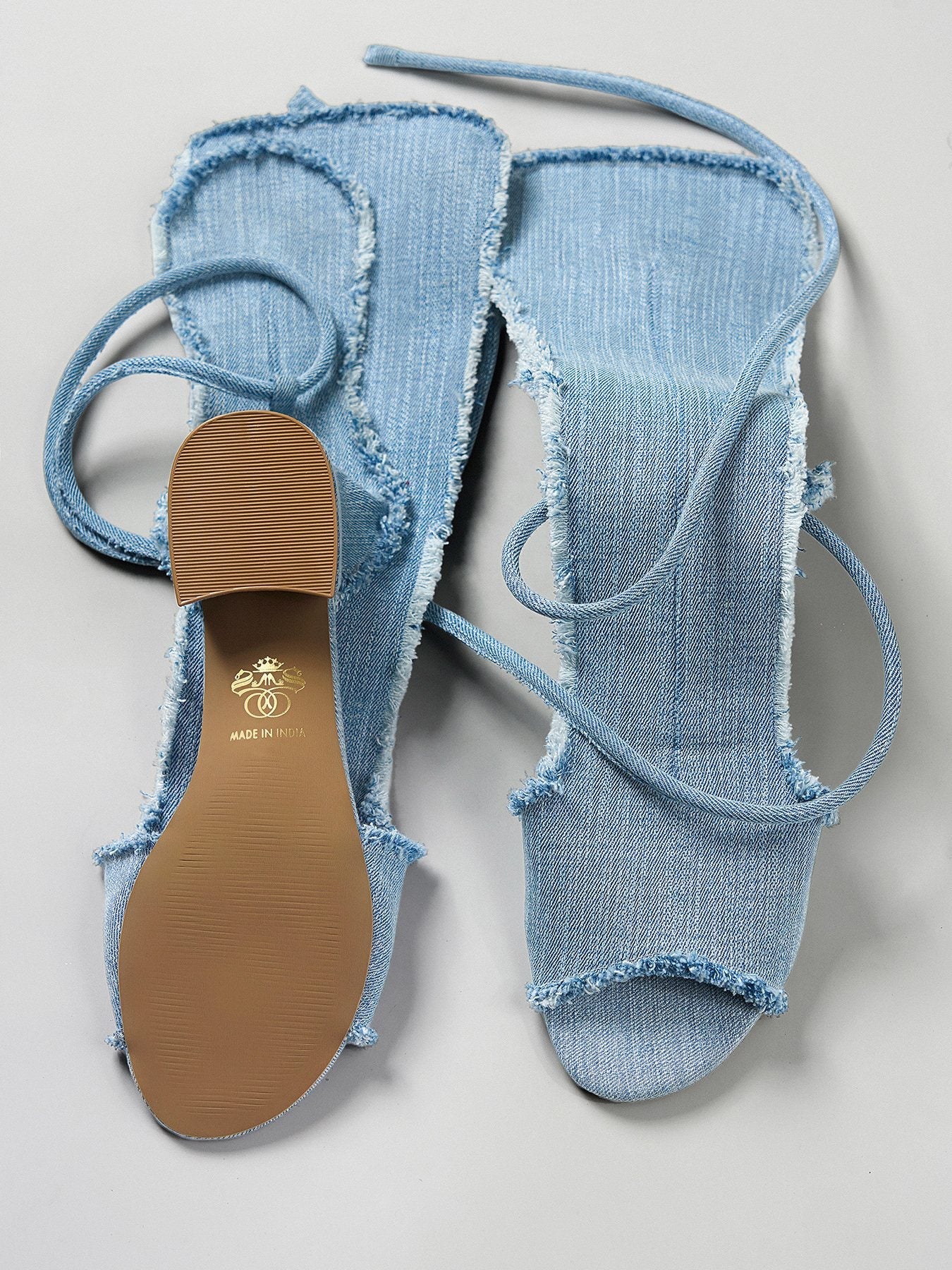 Denim Frayed Lace-Up Flat Sandal