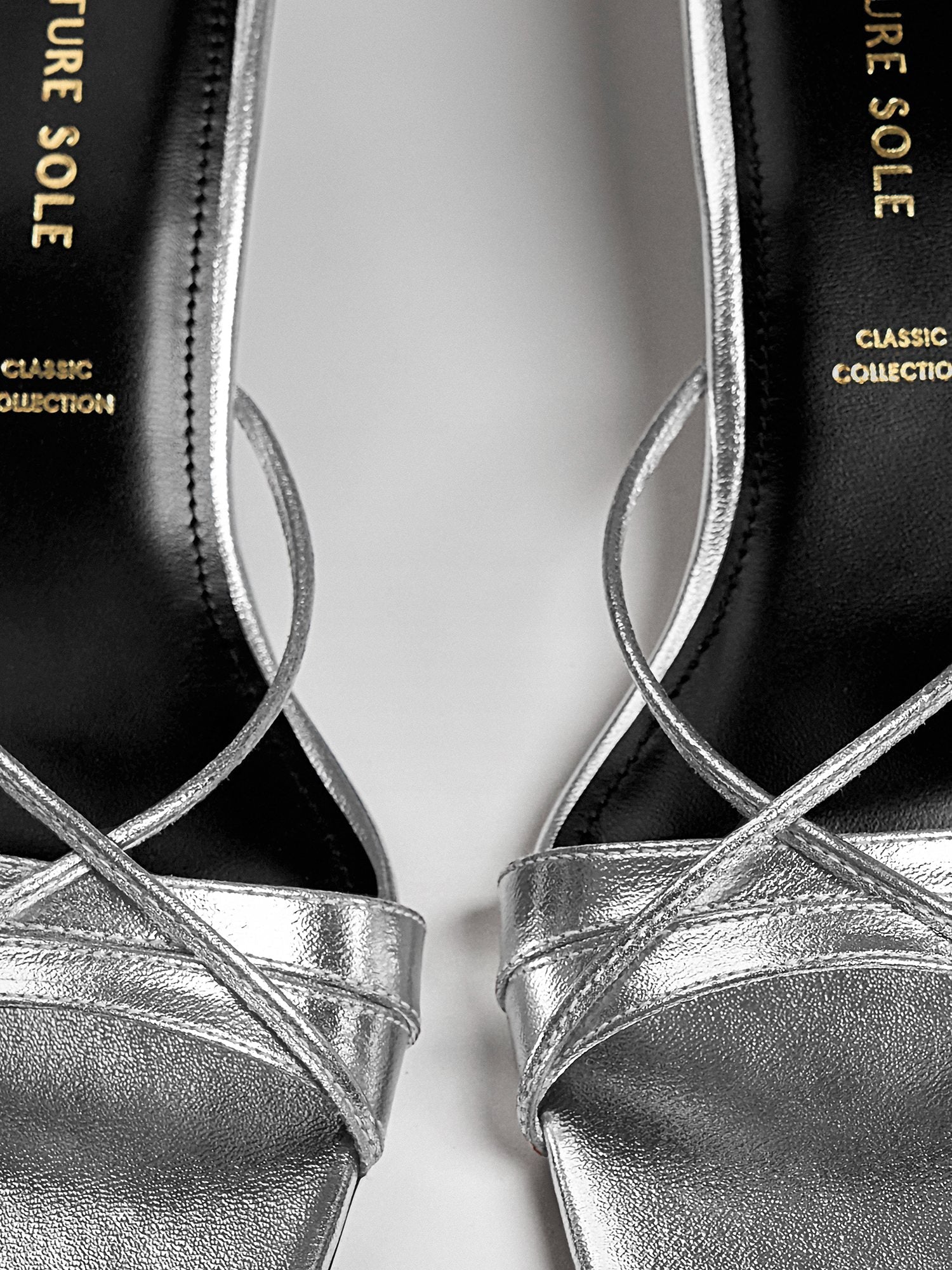 silver Metallic Ankle Wrap Block Heel