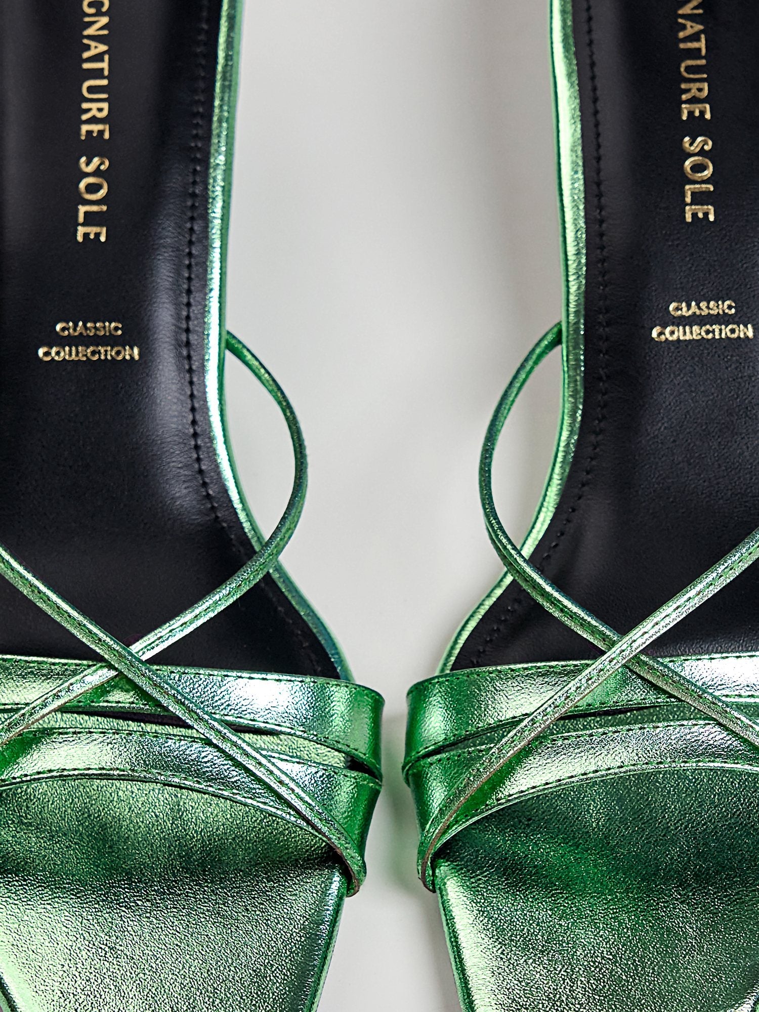 green Metallic Ankle Wrap Block Heel