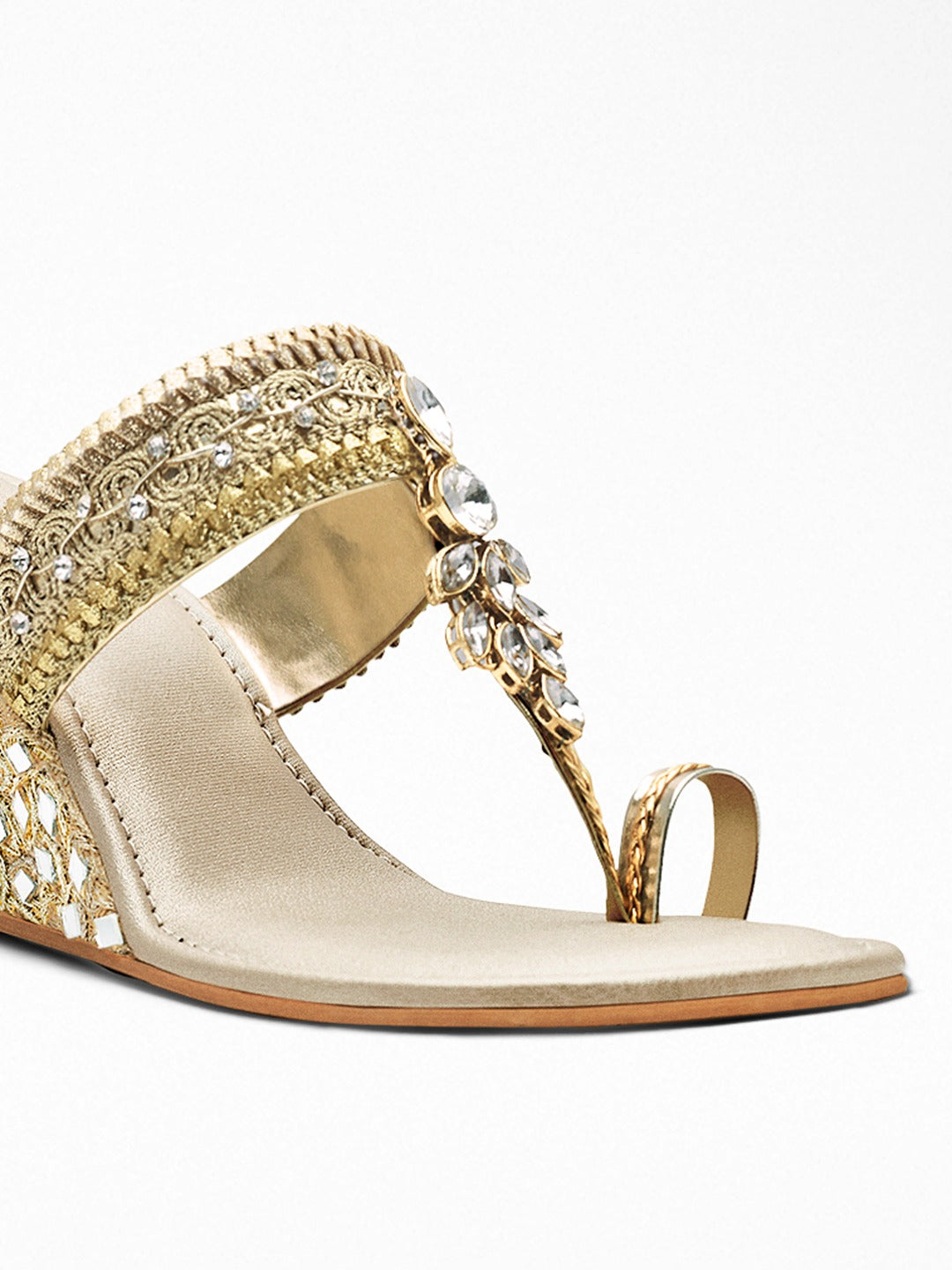 Gold glass Leaf Wedge Sandal