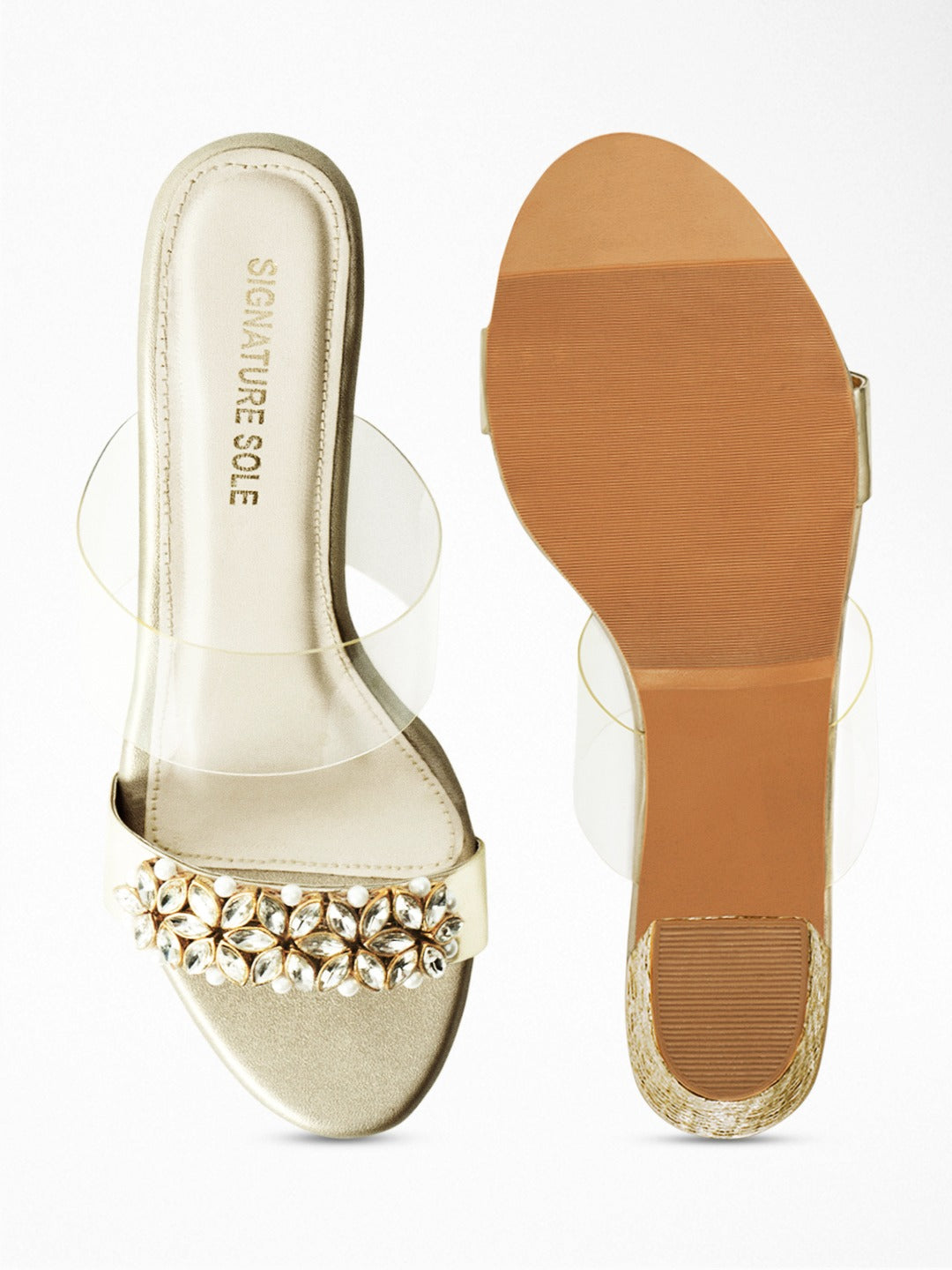 Gold Crystal Pearl Block Heel Mule