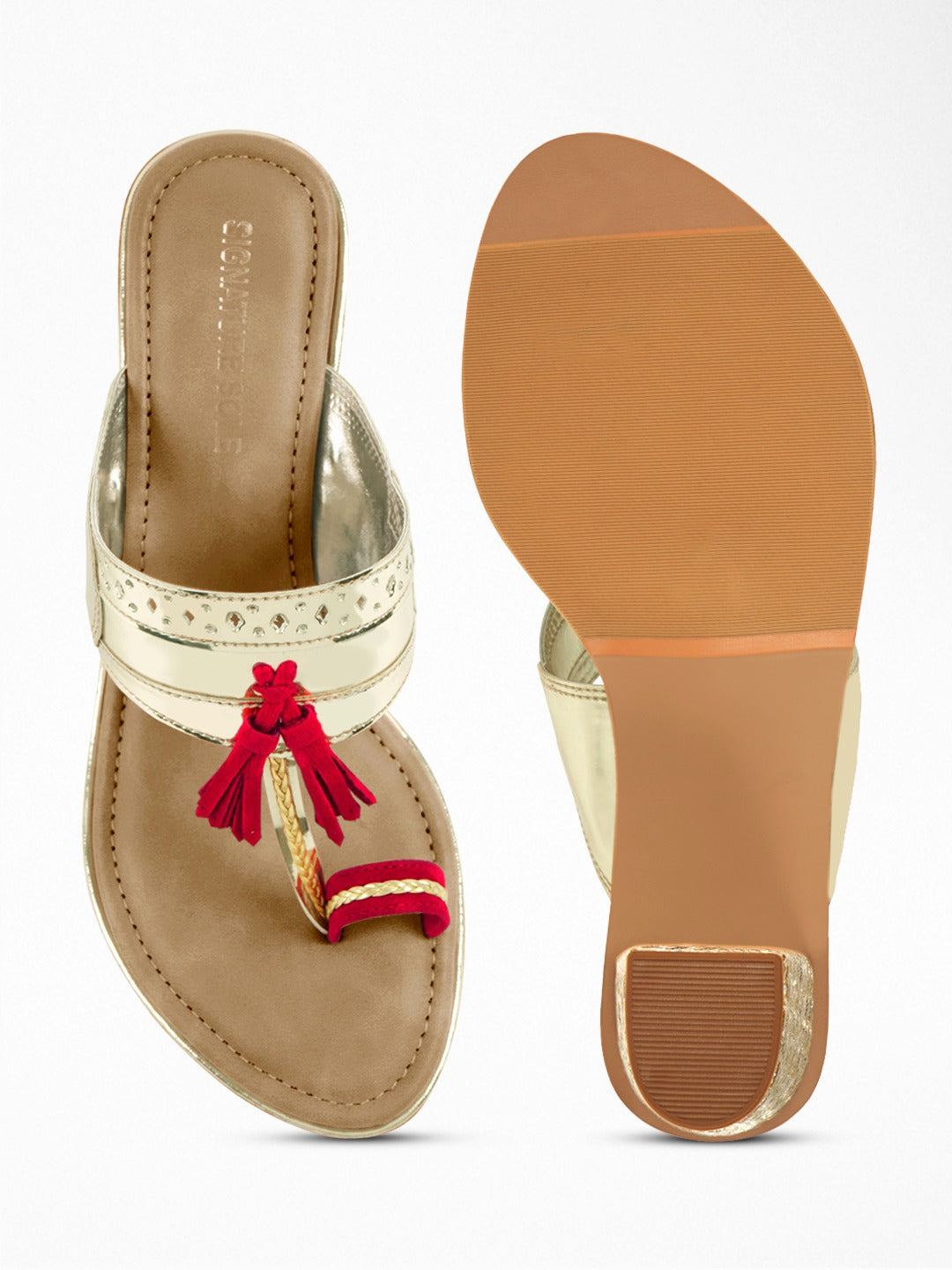 Gold Red Tassel Block Heel Sandal