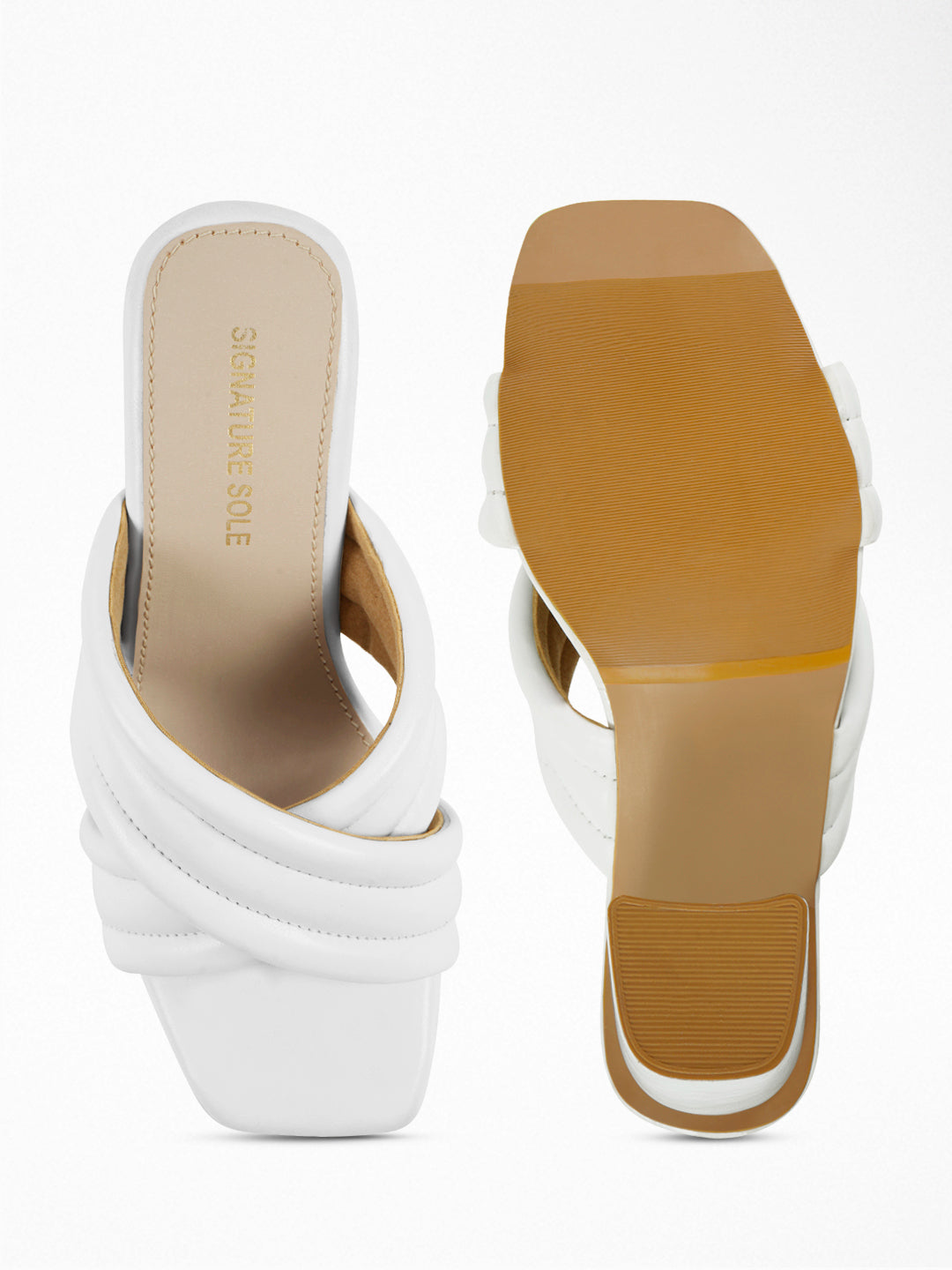 White Padded Cross-Strap Block Heel