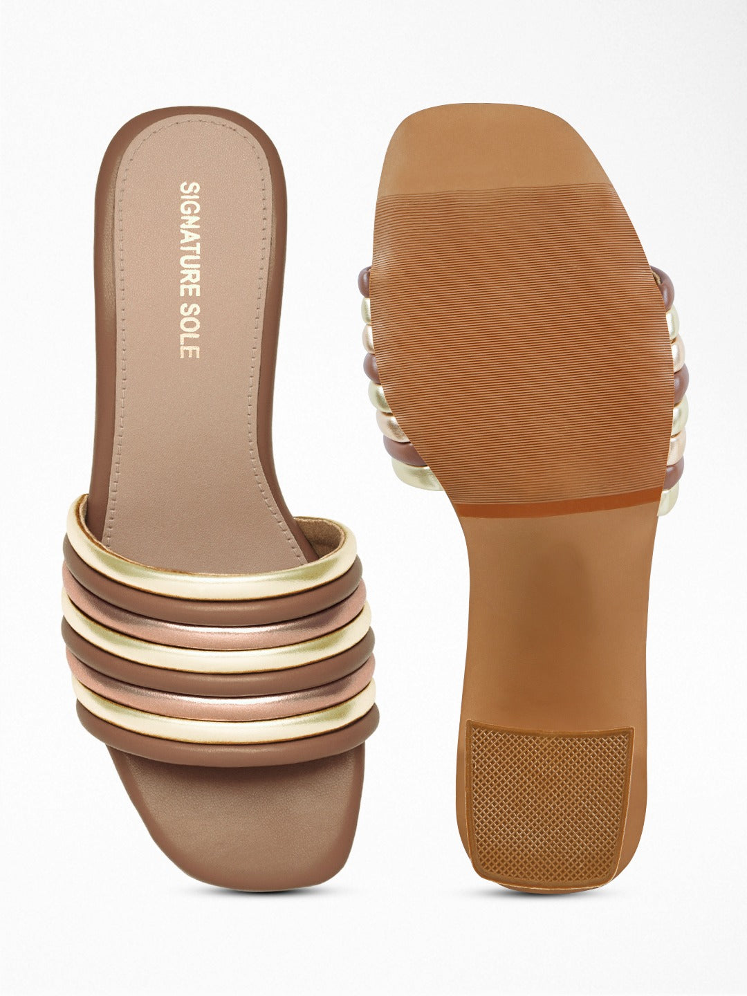 Tan Gold Pleated Block Heel Mule