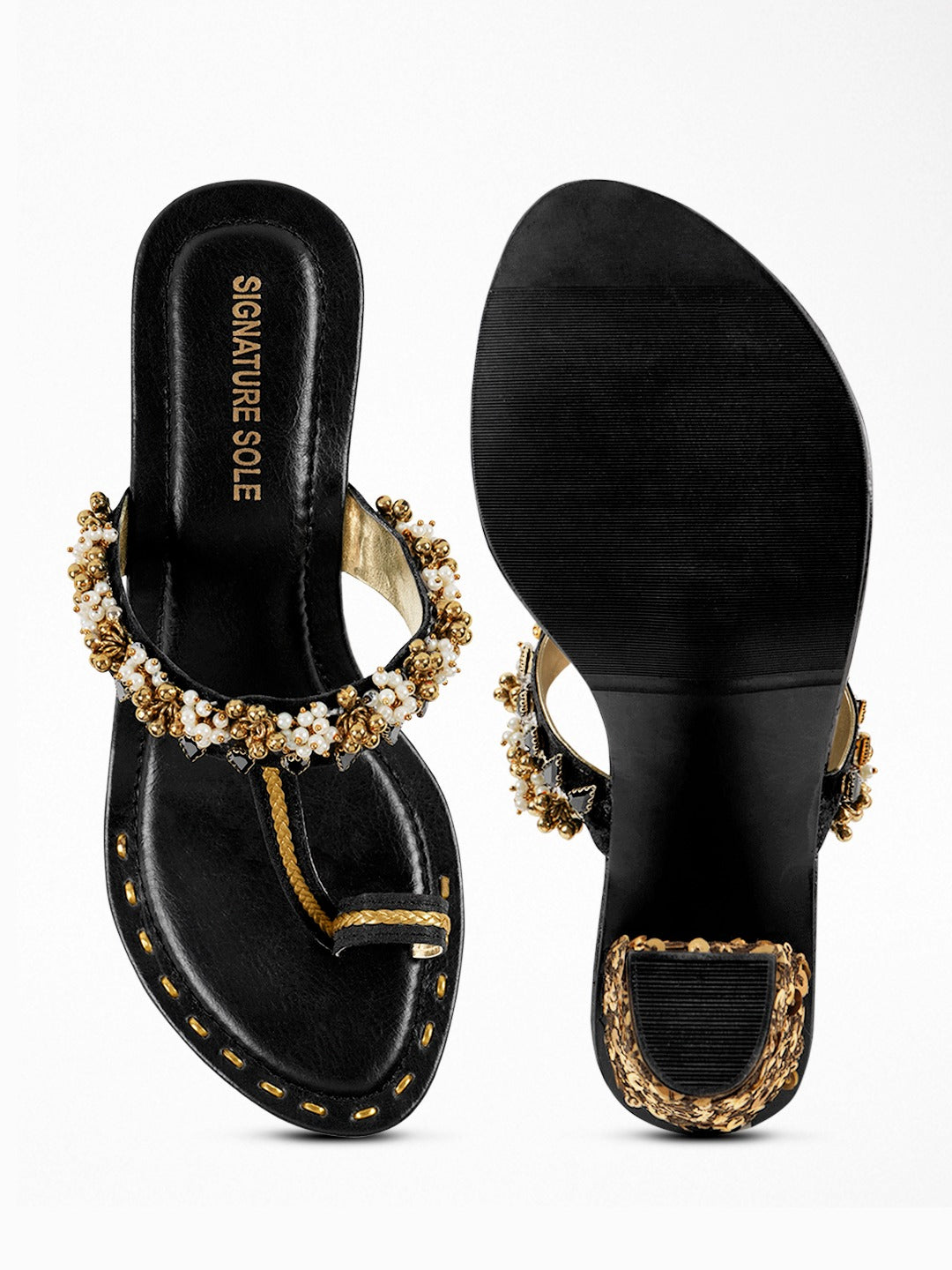 Black Gold Kundan Block Heel Sandal