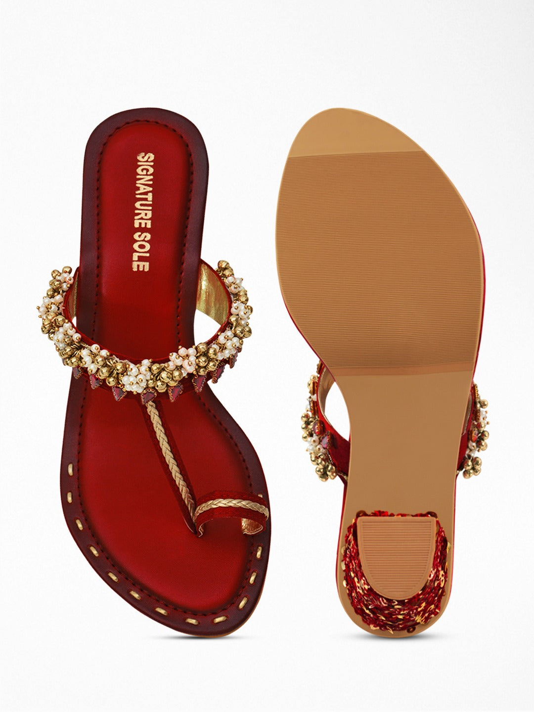 Red Gold Kundan Block Heel Sandal