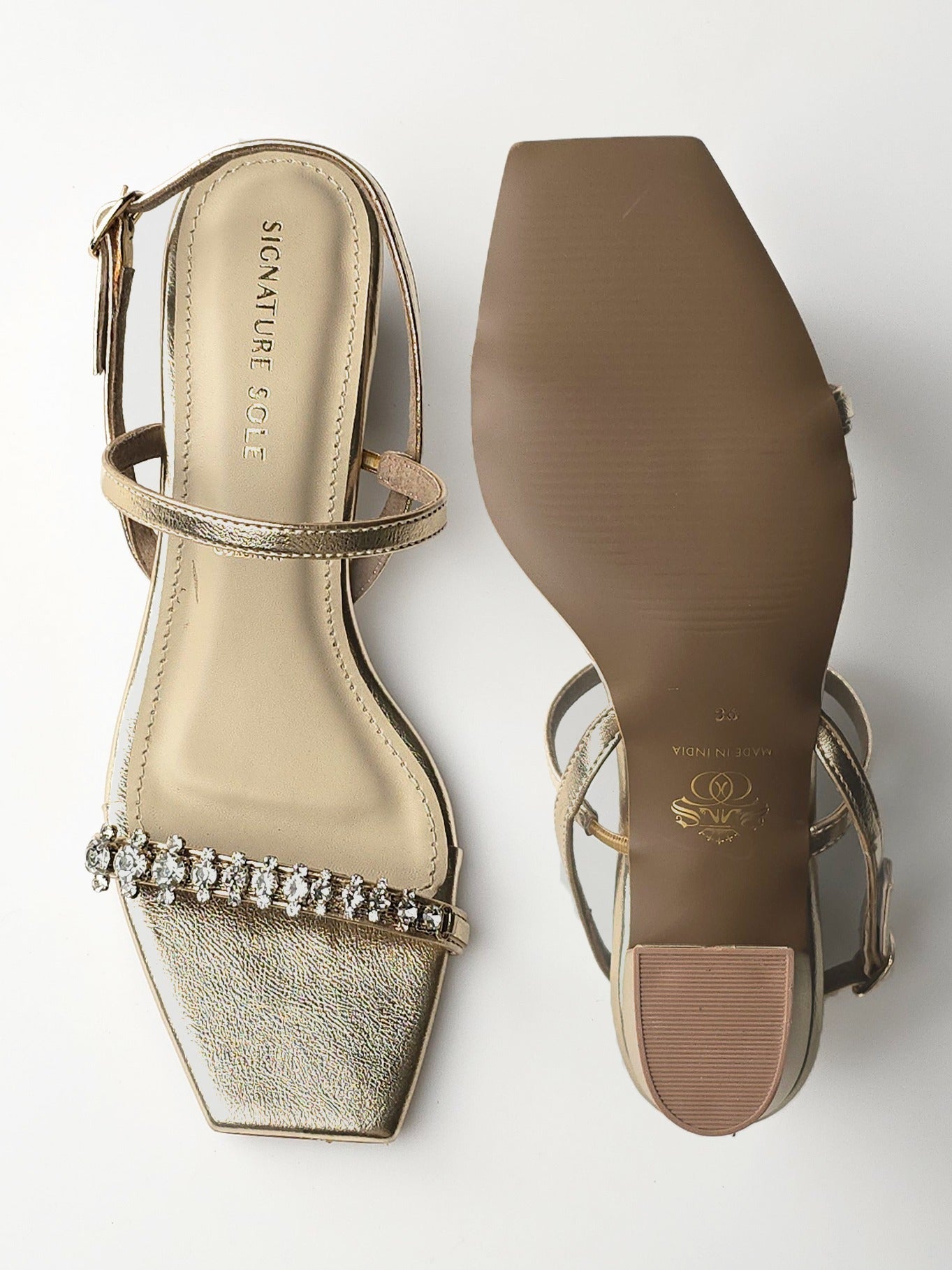 Gold Crystal Toe Strap Block Heel Sandal
