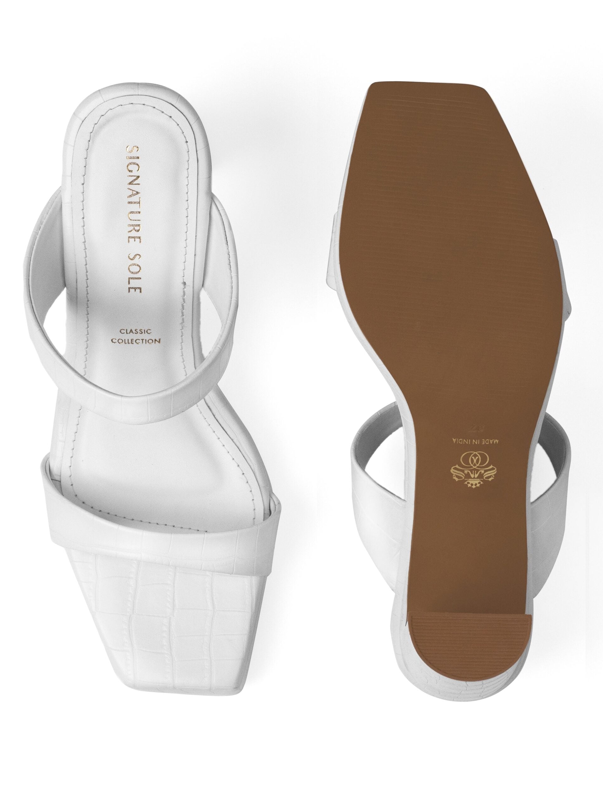 White Croc Double Strap Block Heel