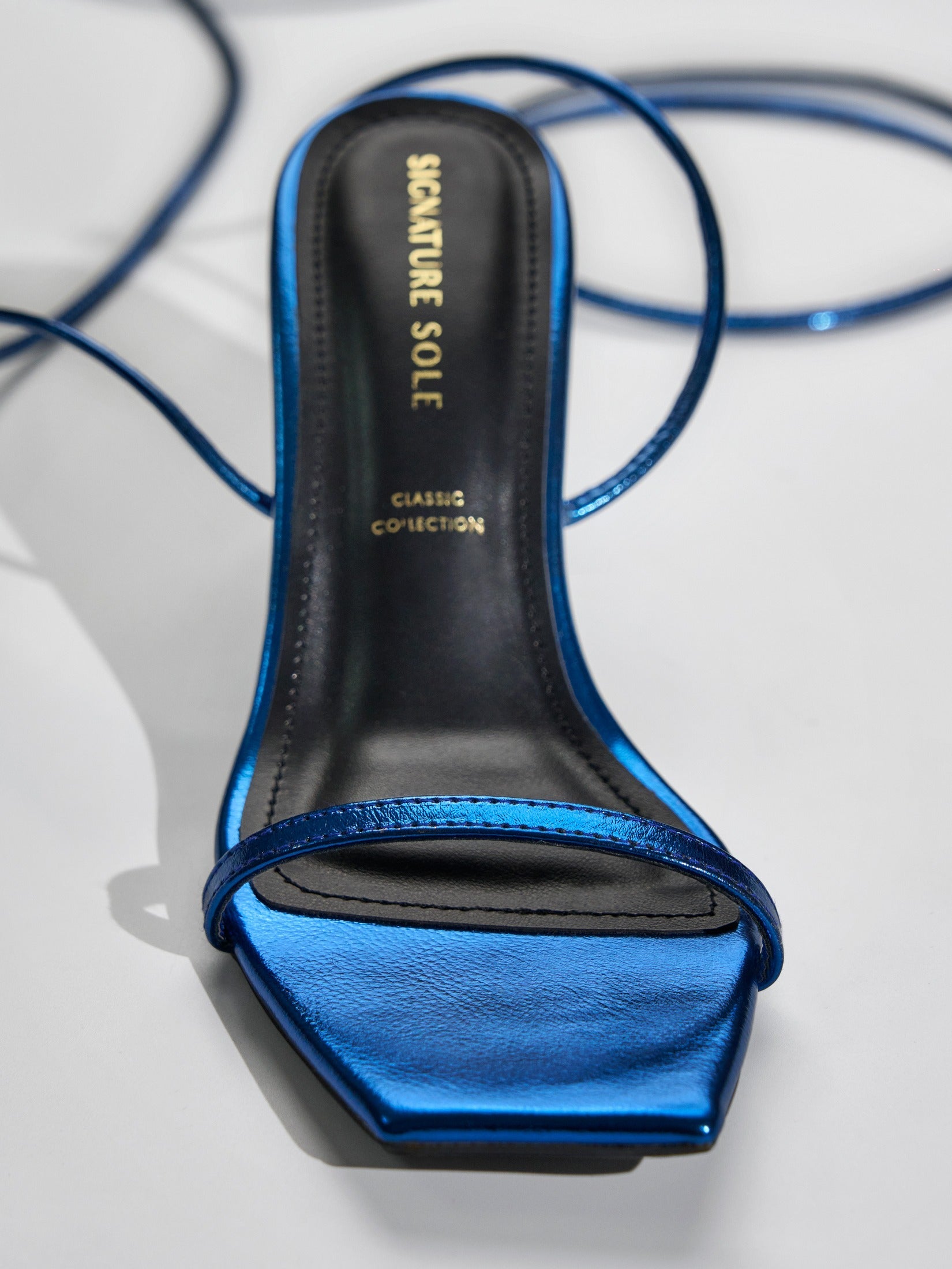 Blue Metallic Ankle Wrap Block Heel