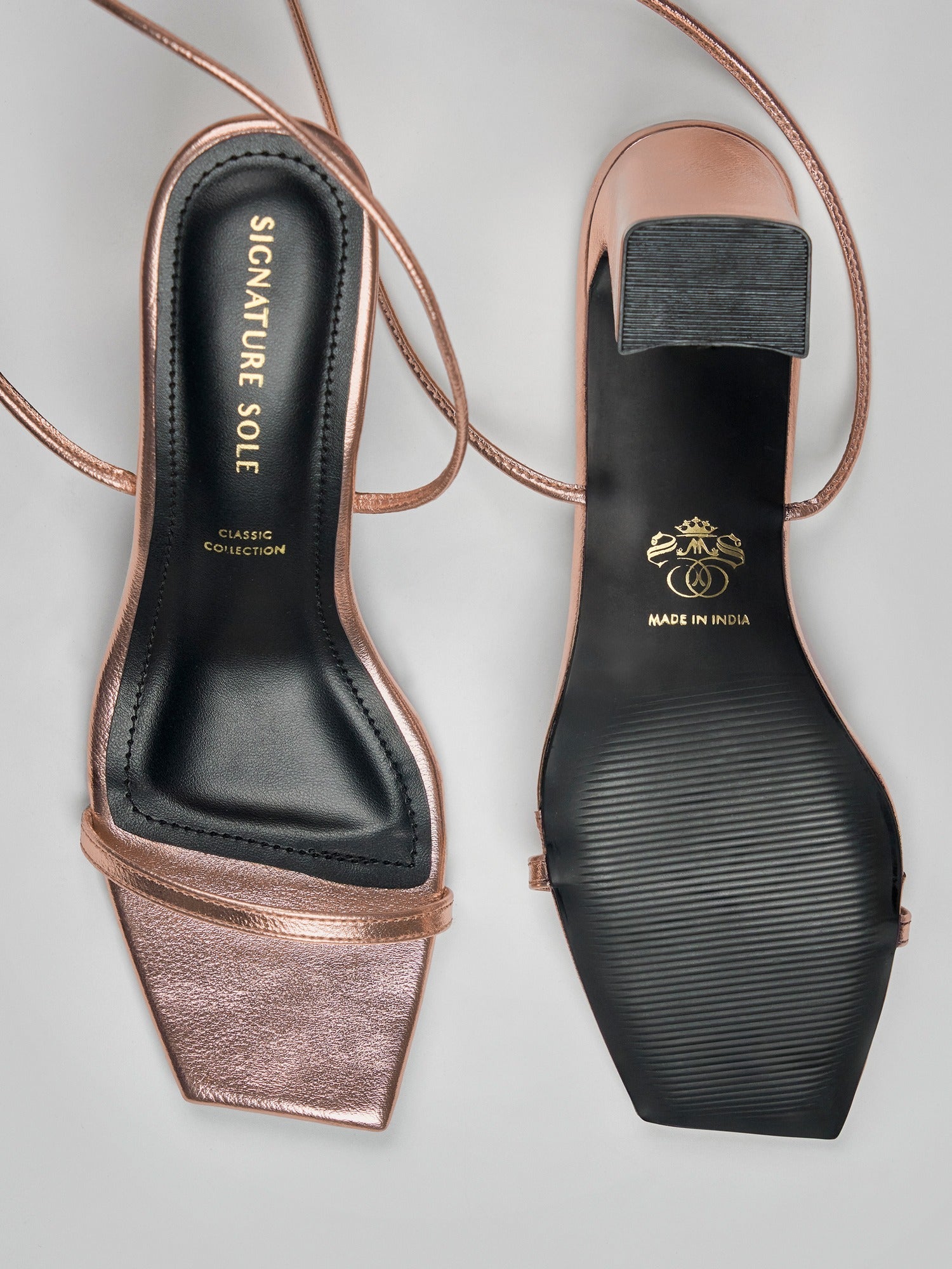 Rose Gold Metallic Ankle Wrap Block Heel