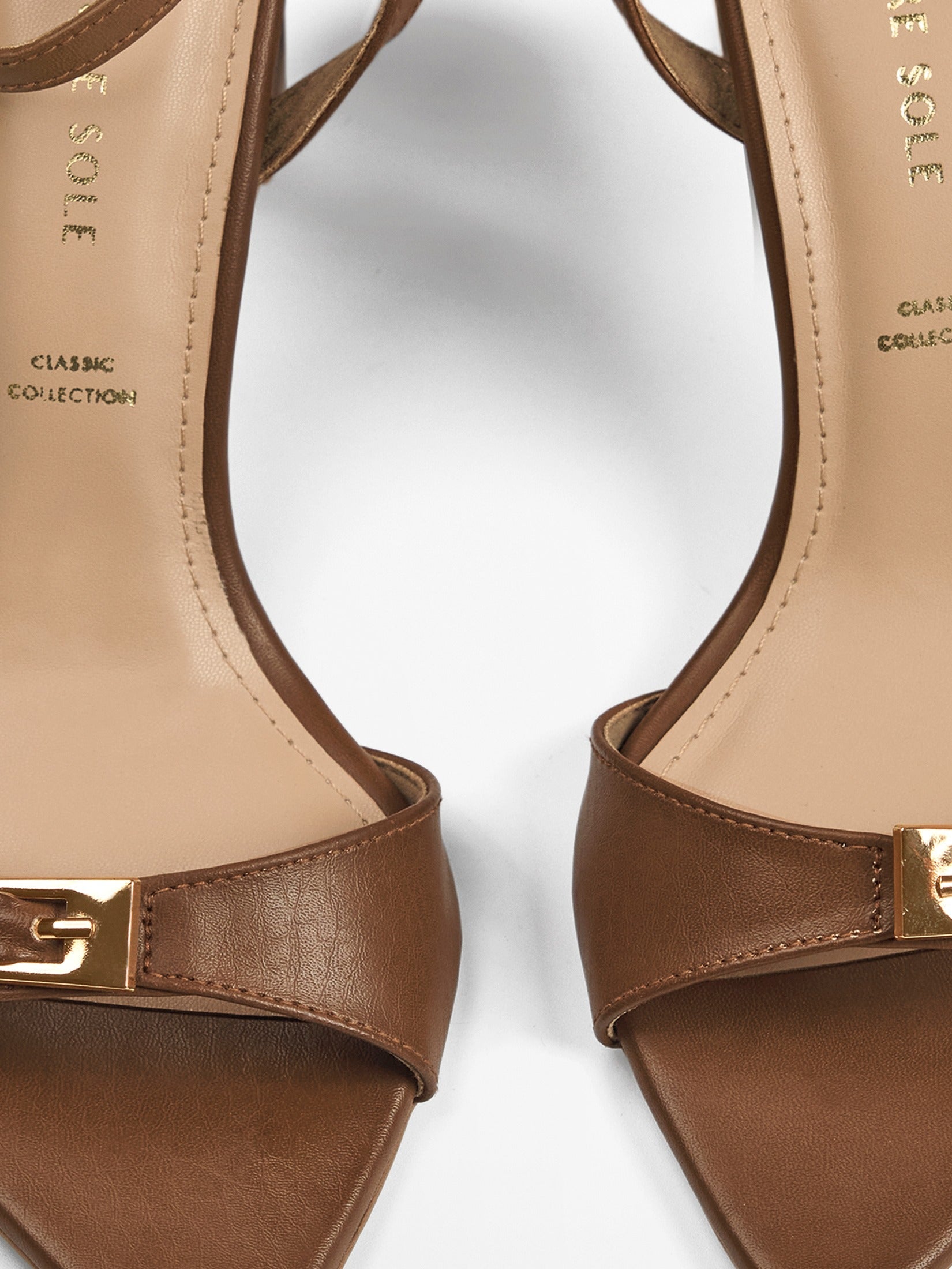 Tan Gold Buckle Pointed Toe Heel Sandal