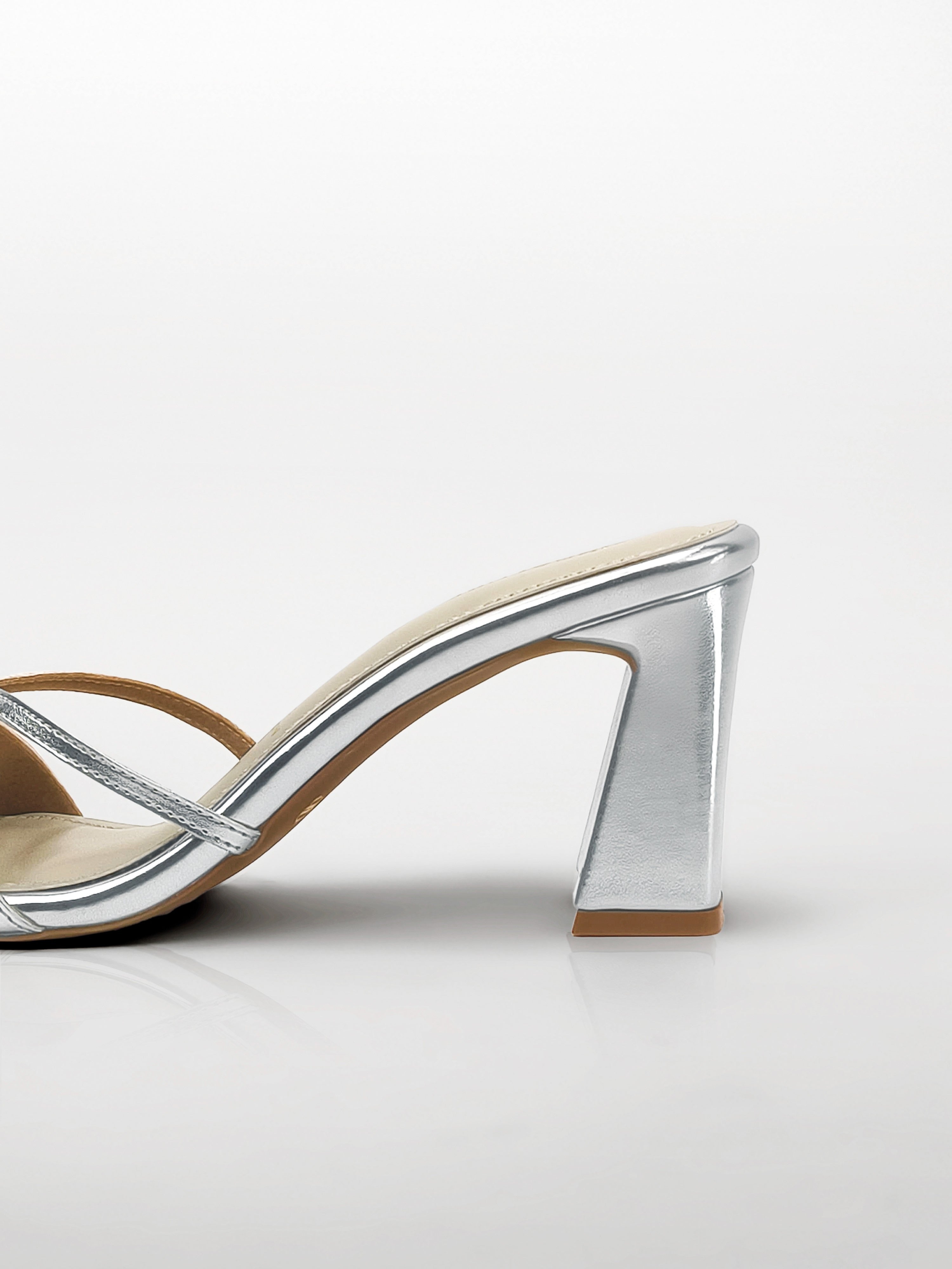 Silver Cross-Strap Block Heel Mule