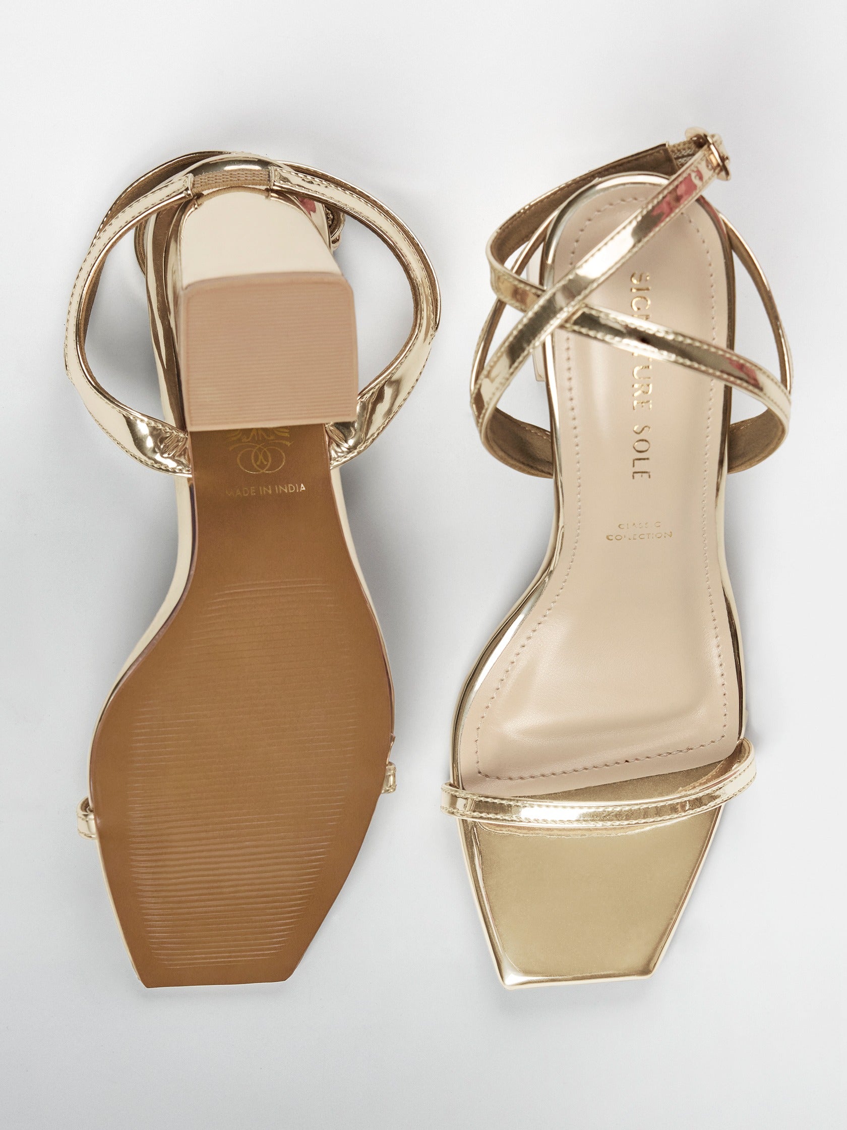 Gold Strappy Ankle Block Heel Sandal