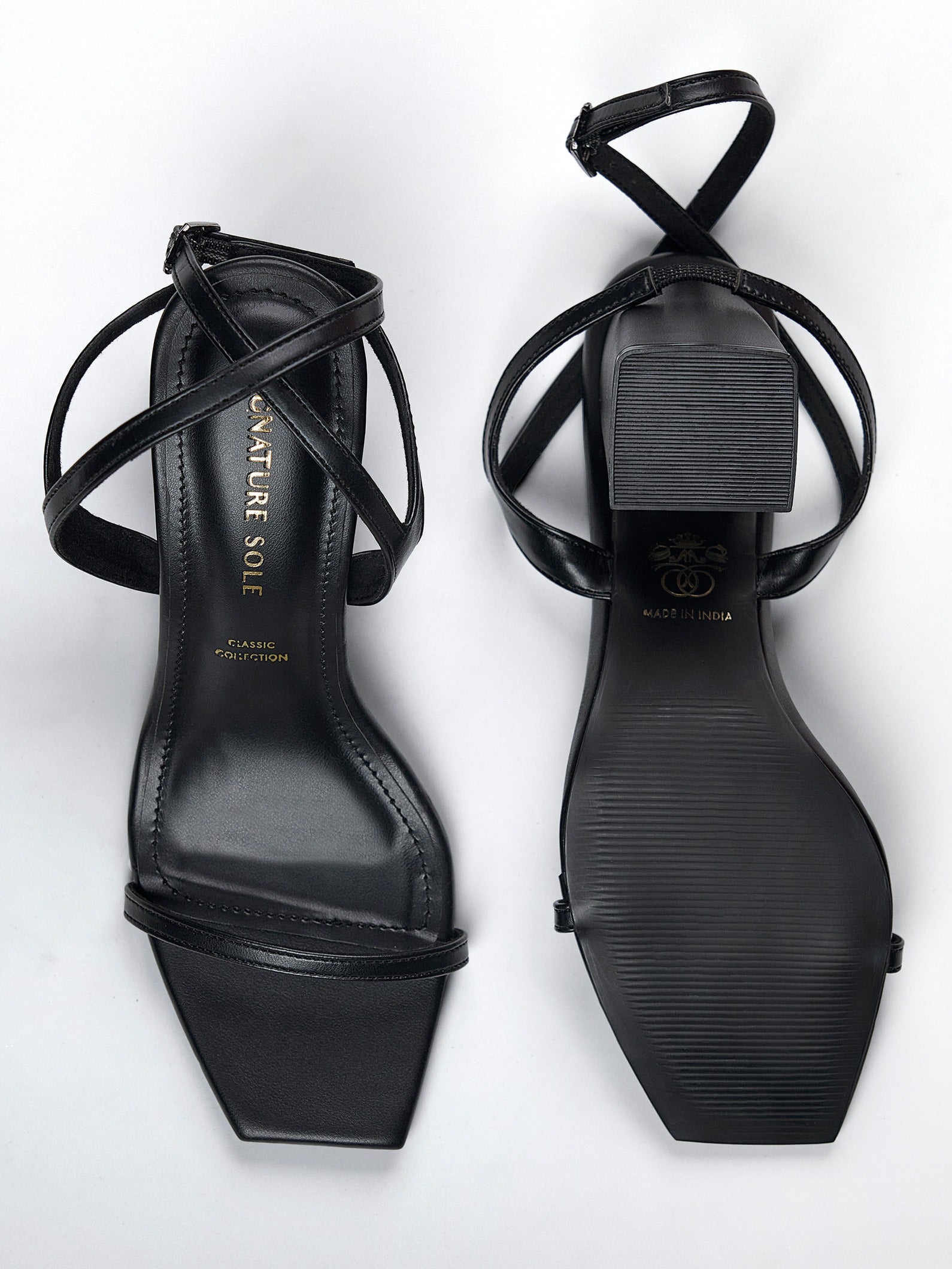 Black Strappy Ankle Block Heel Sandal