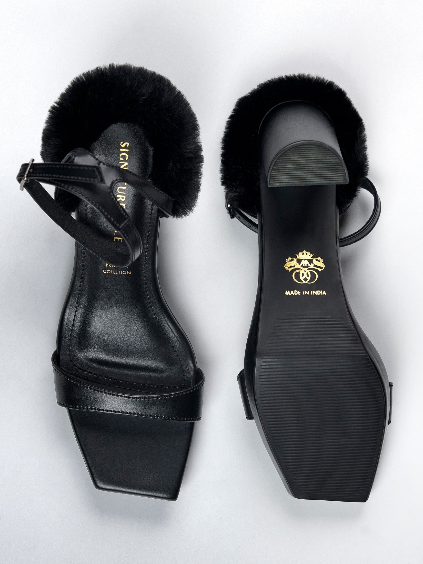 Black Faux Fur wedge Block Heel