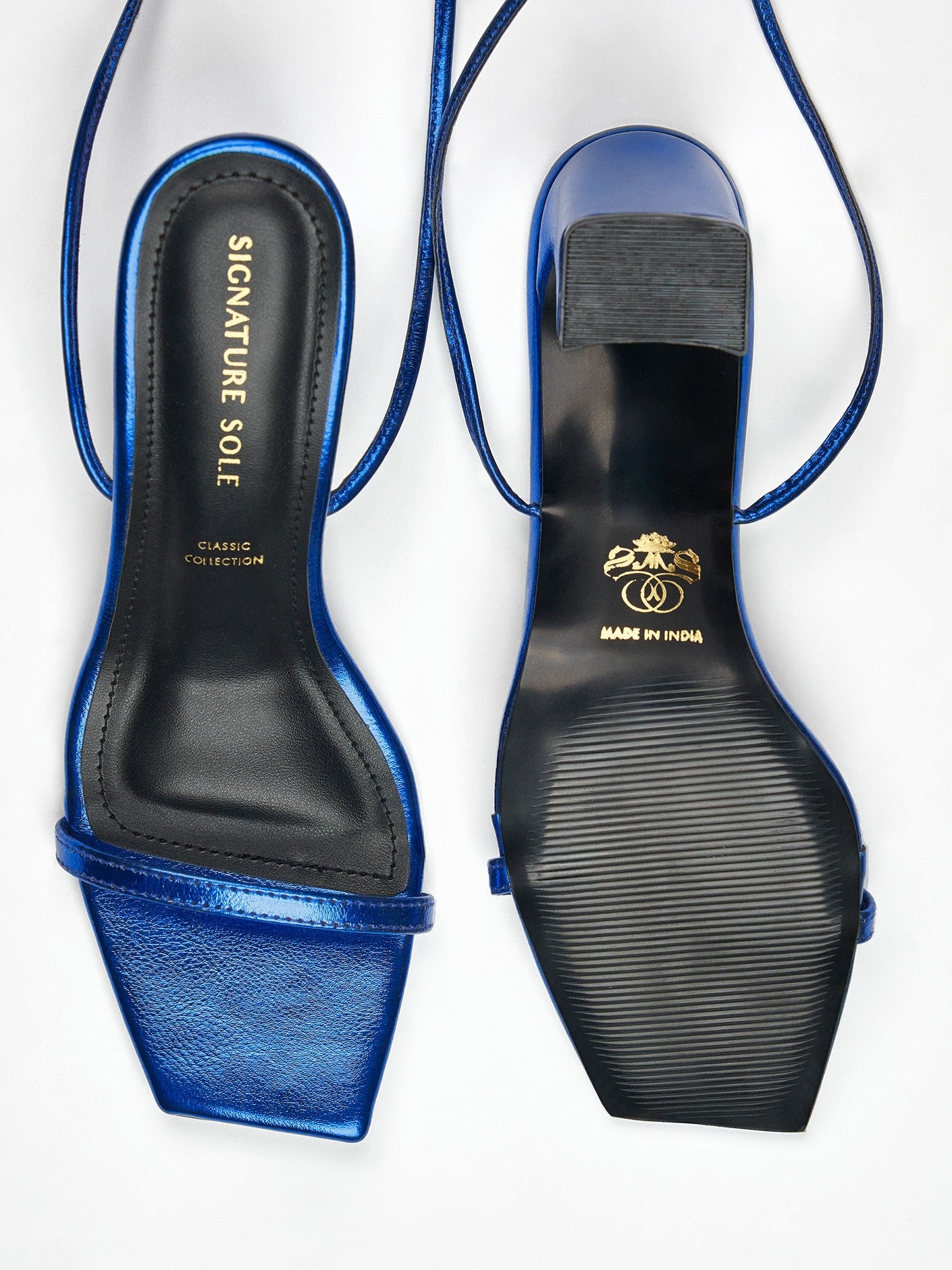 Blue Metallic Ankle Wrap Block Heel
