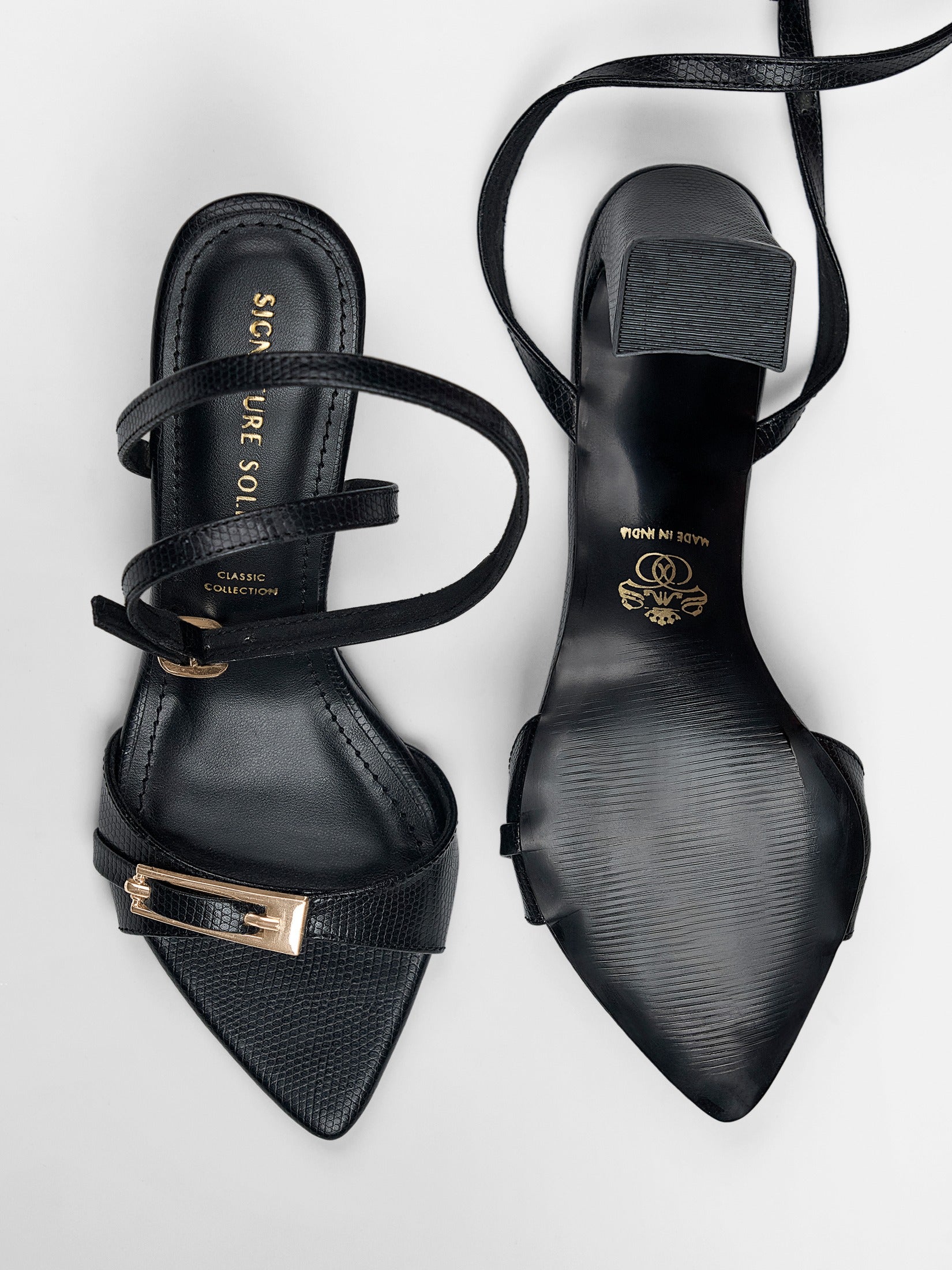 Black Gold Clasp Open Toe Heel Sandal