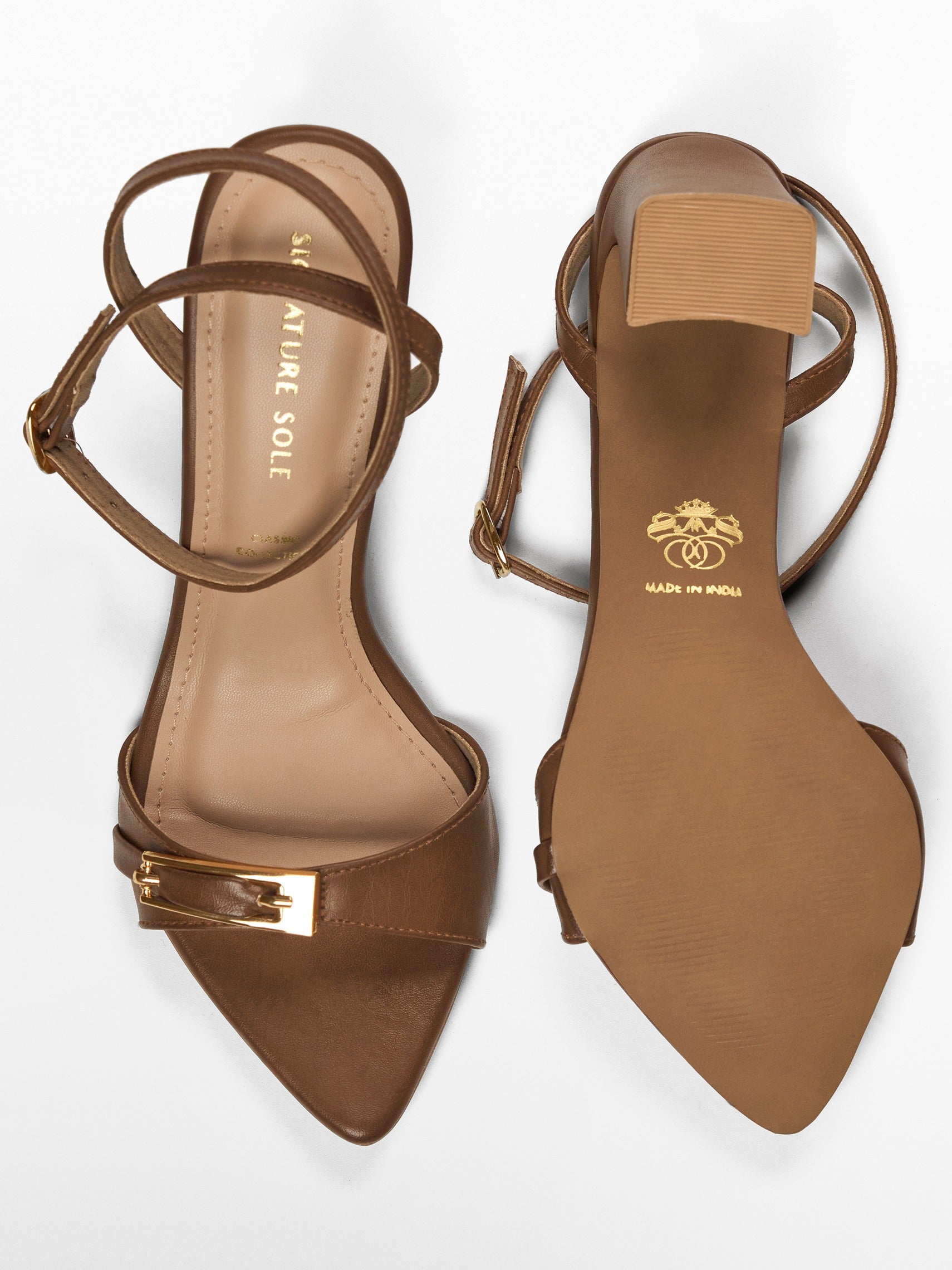 Tan Gold Buckle Pointed Toe Heel Sandal