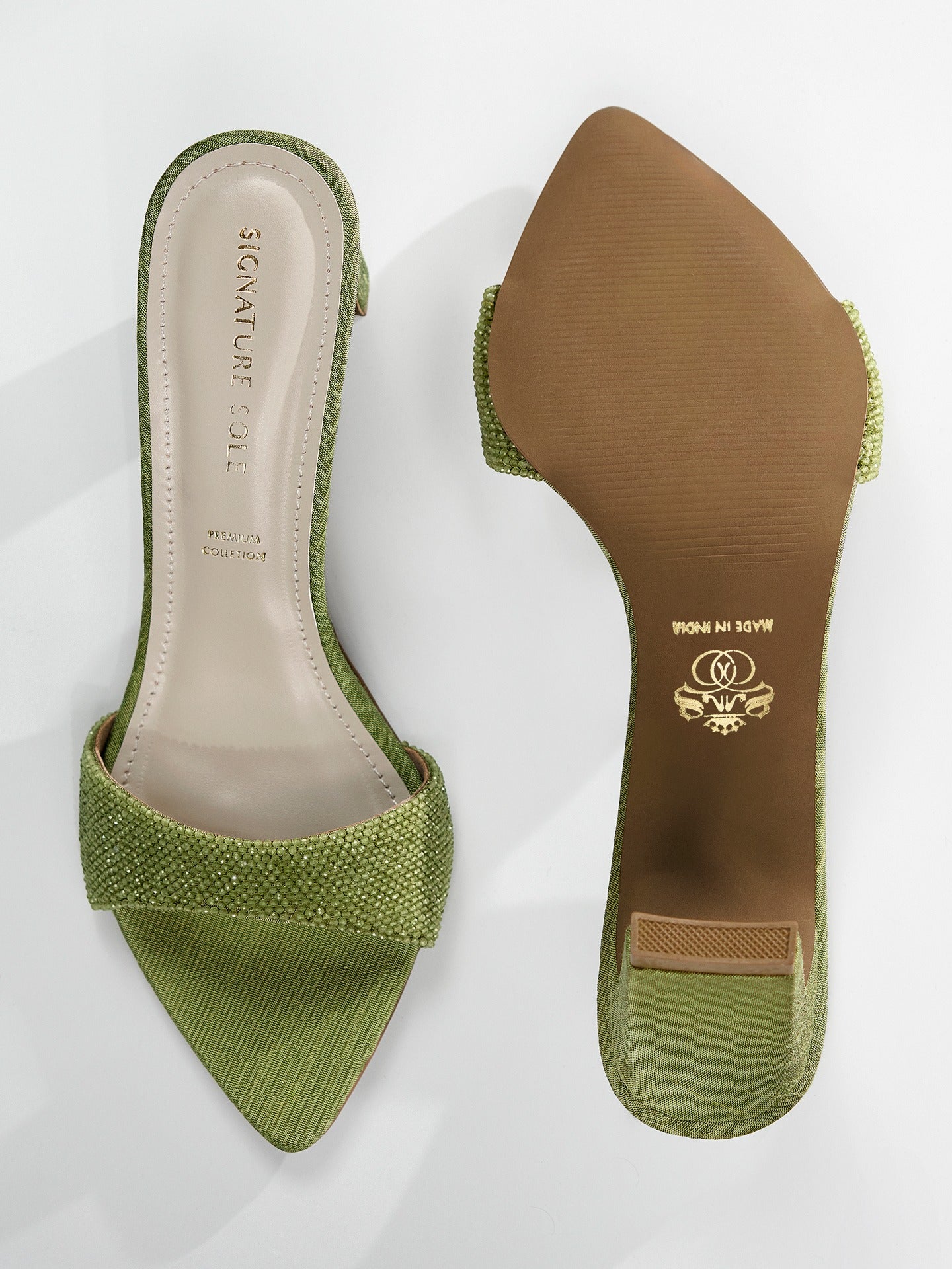 Green Crystal Embellished Kitten Heel