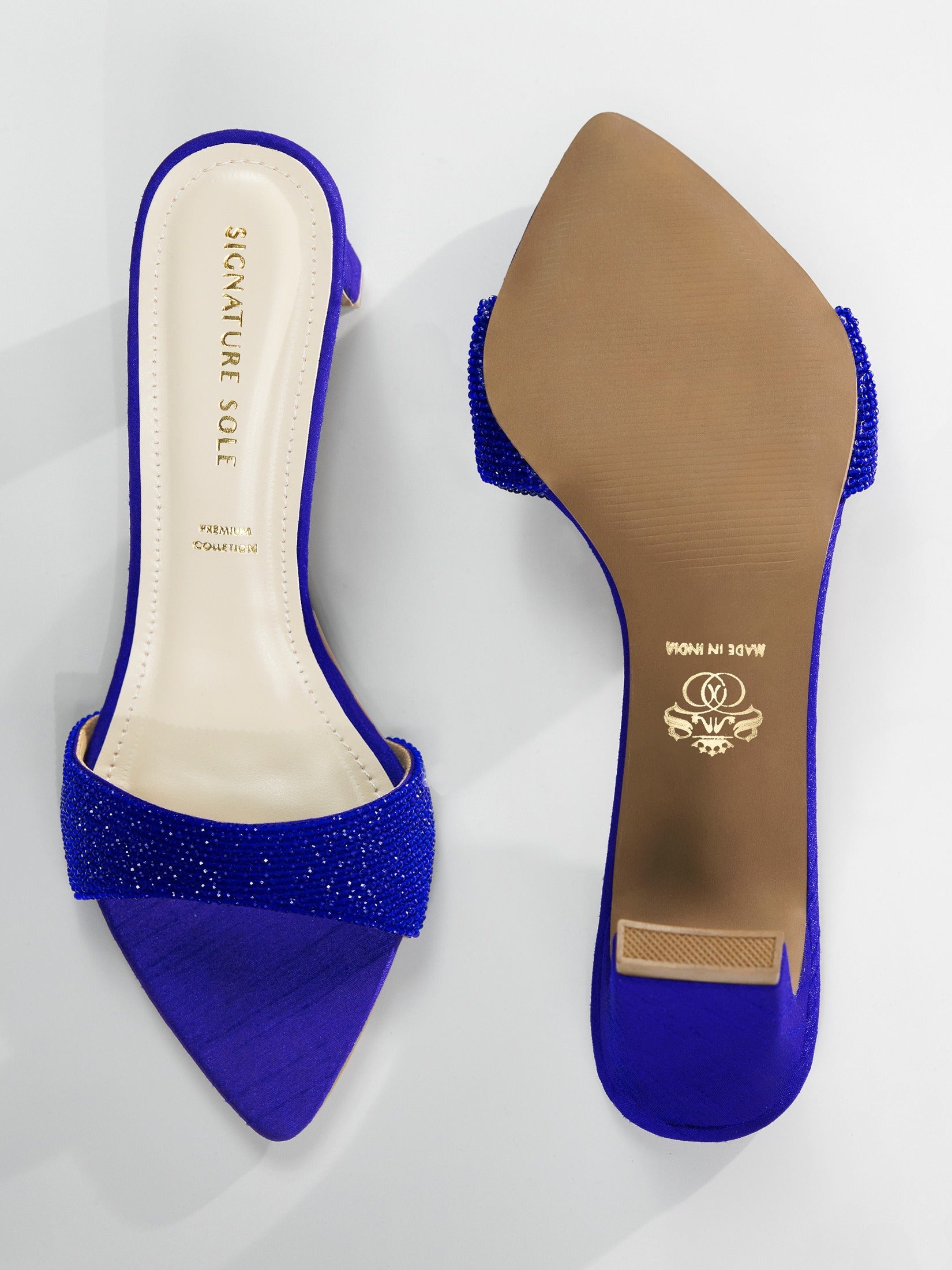 Blue Crystal Embellished Block Heel Mule