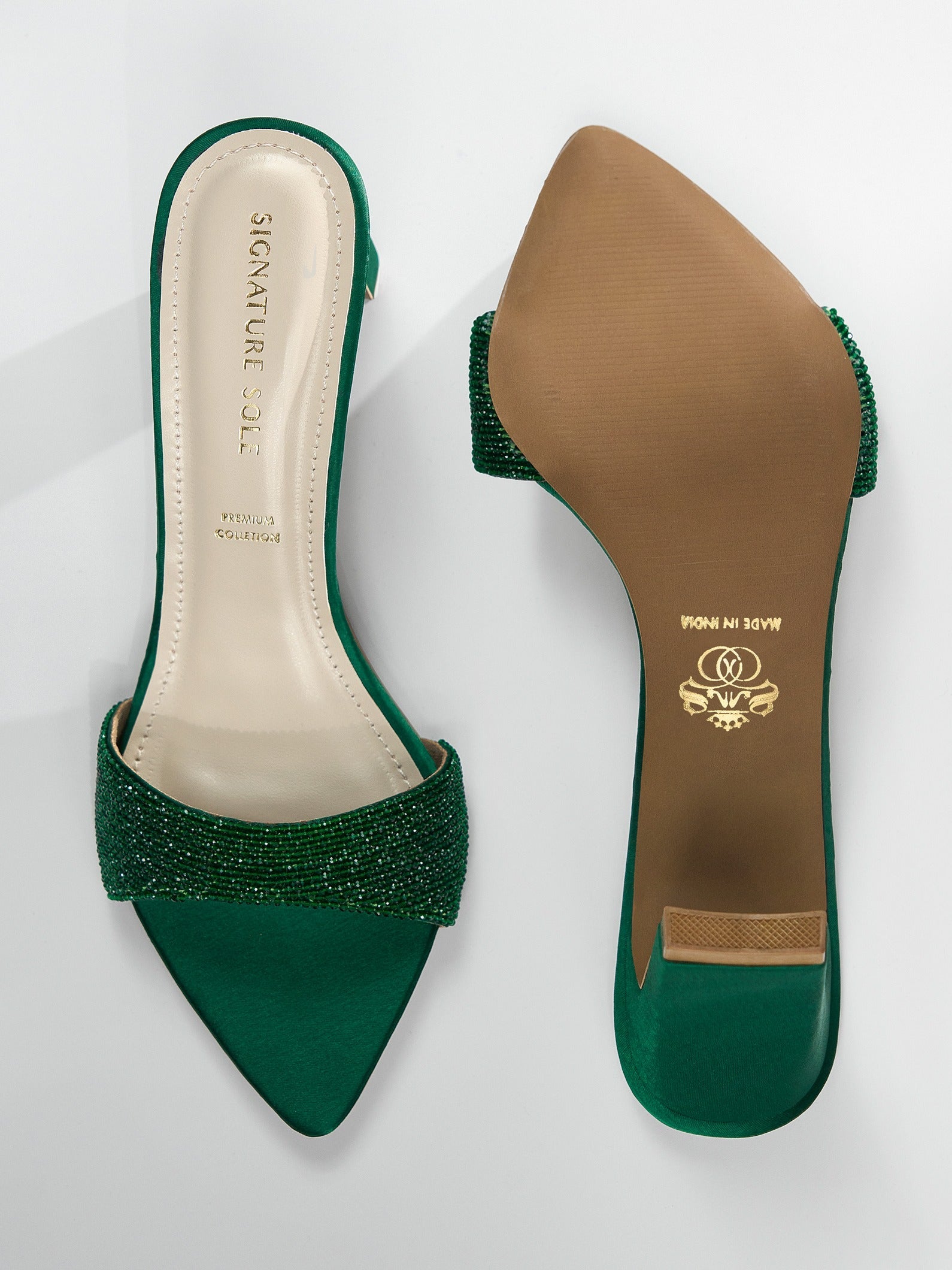 Green Crystal Embellished Kitten Heel Mule