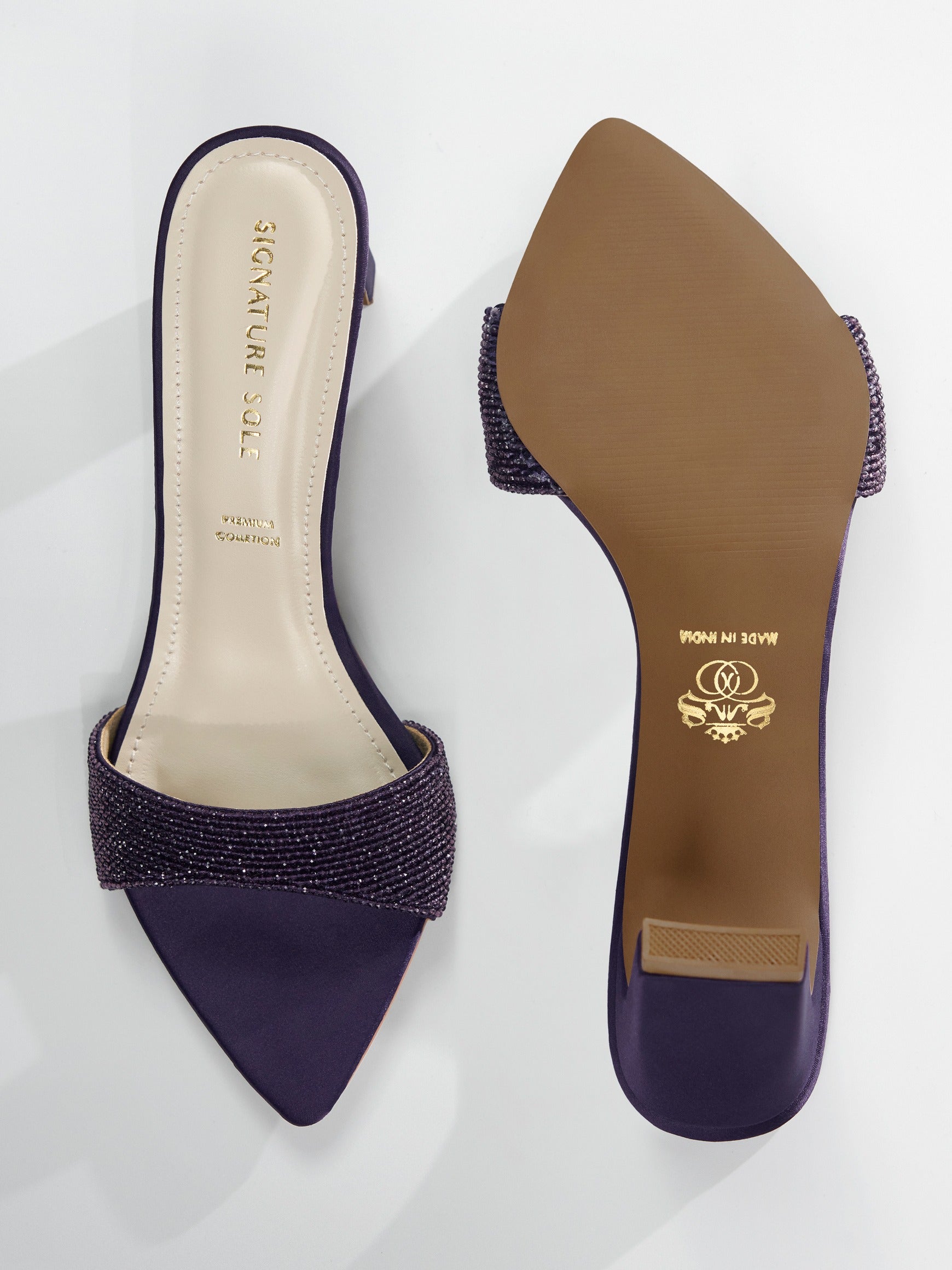 Purple Crystal Embellished Kitten Heel Mule
