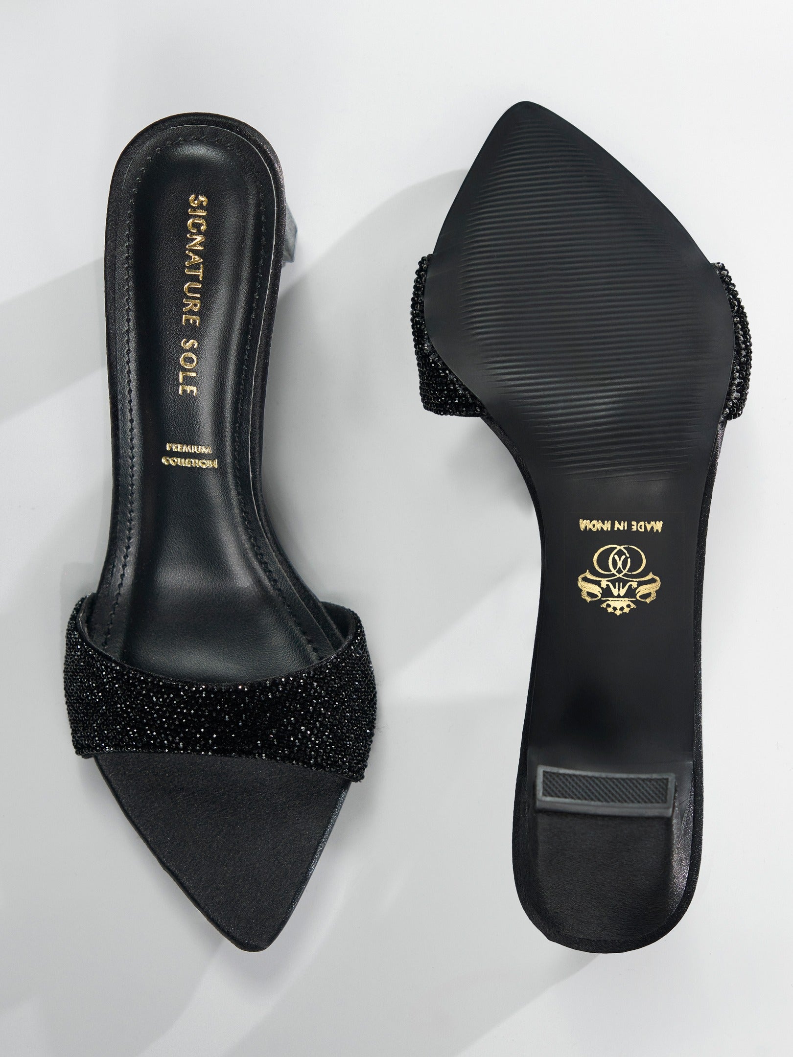 Black Crystal Embellished Kitten Heel Mule