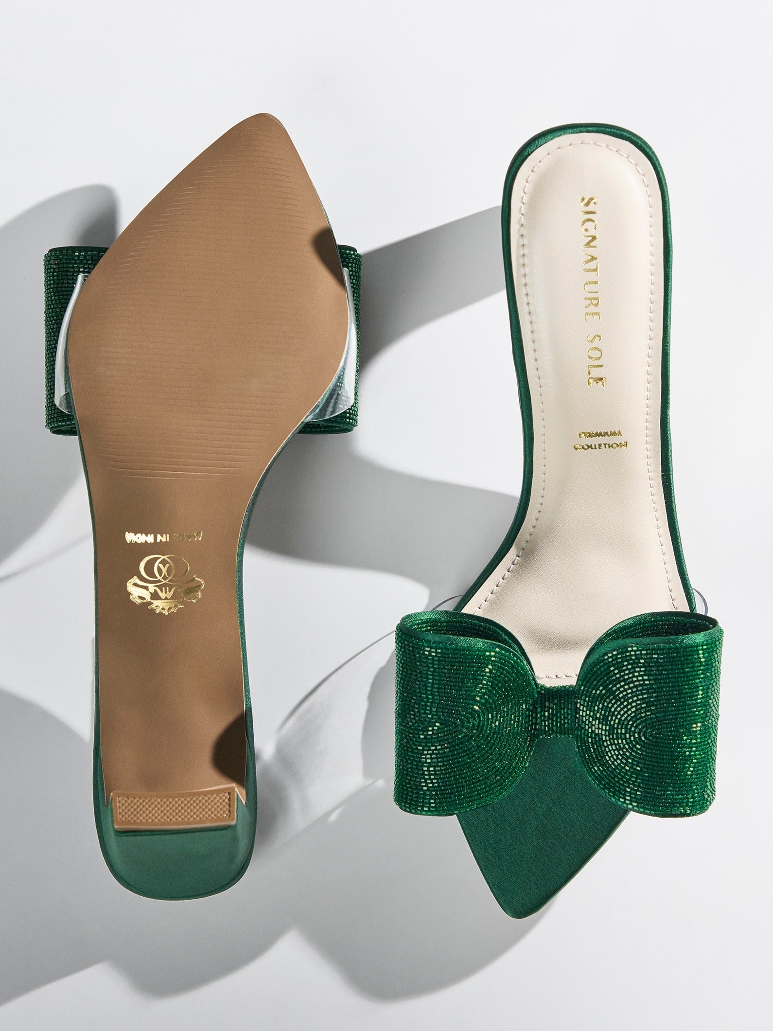 Green Crystal Bow Satin Kitten Heel