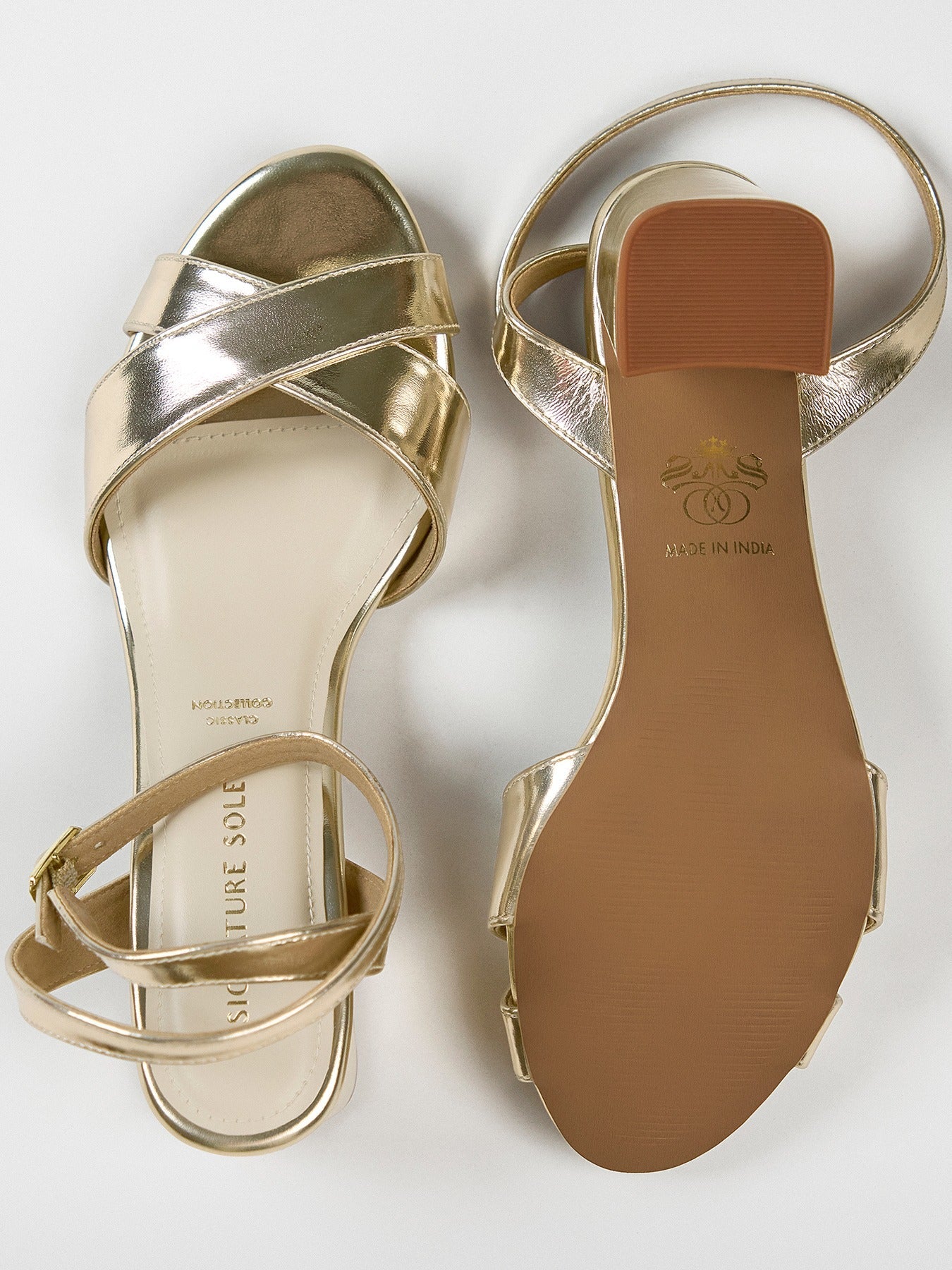 Gold Cross Strap Block Heel Sandal