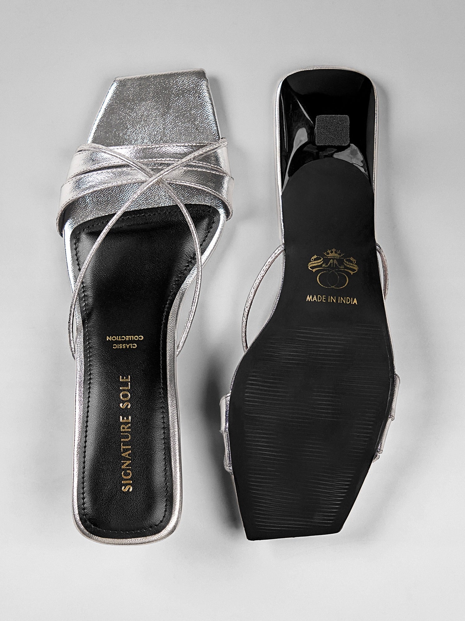 silver Metallic Ankle Wrap Block Heel
